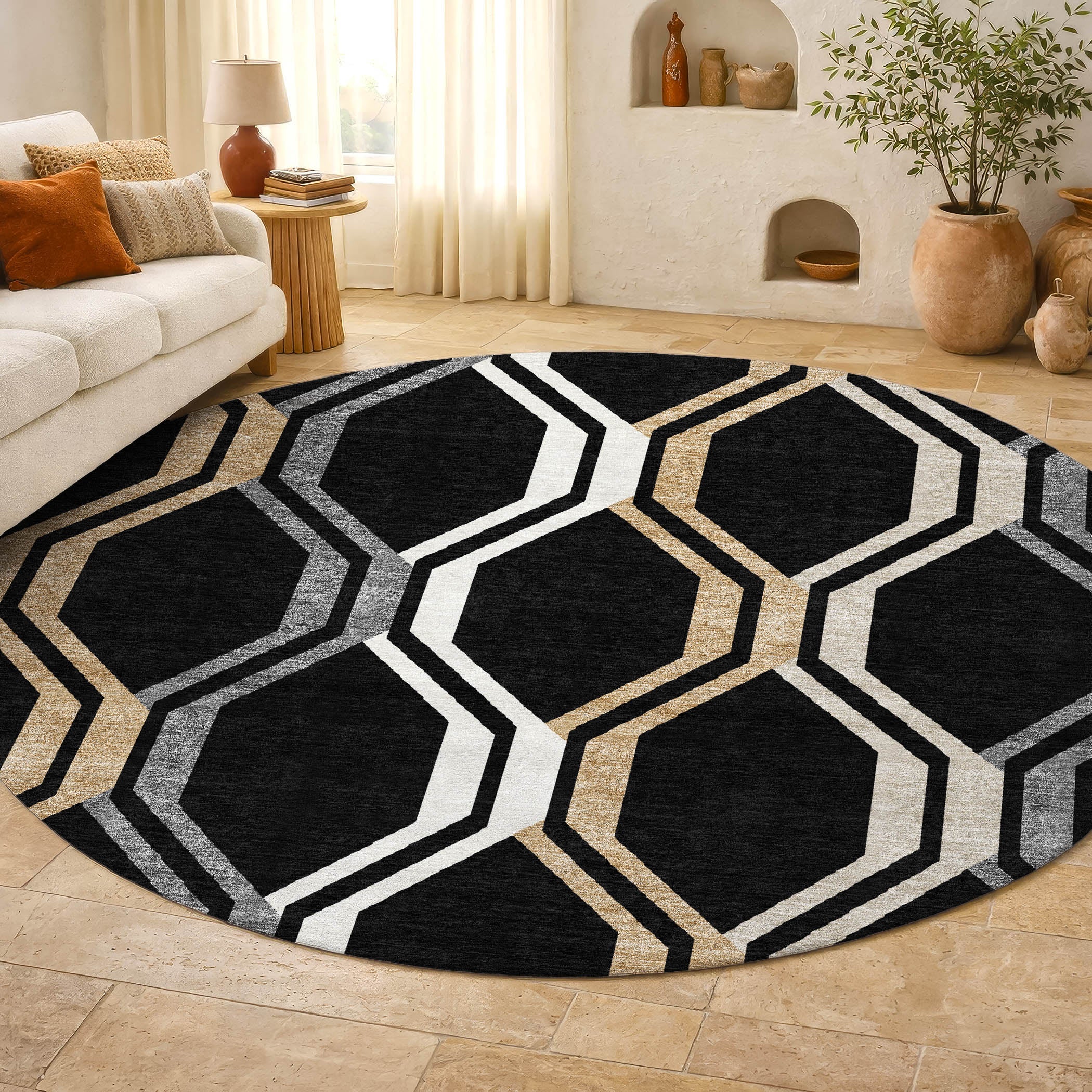 Lucerne Machine Washable Transitional Black Rug 8' x 8' #shape_Round