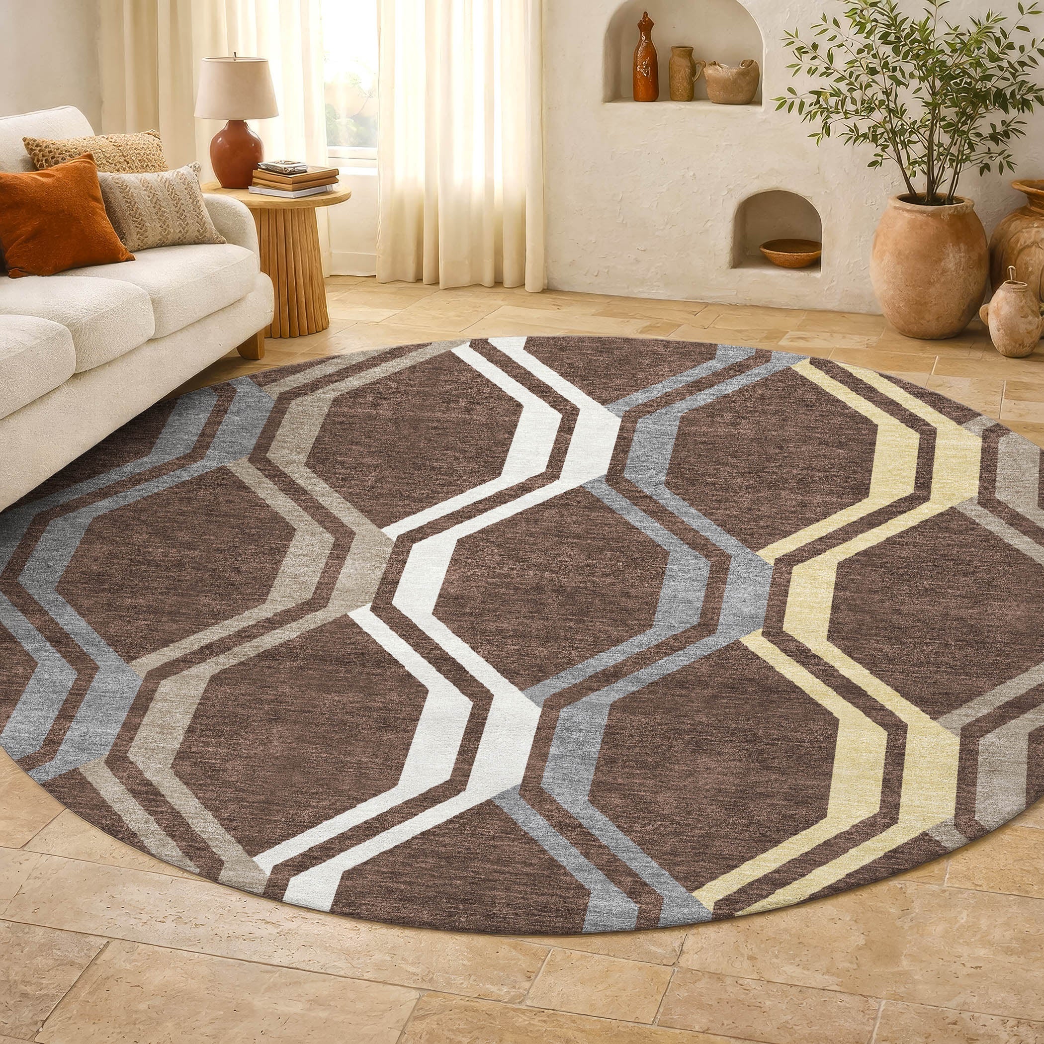 Lucerne Machine Washable Transitional Chocolate Brown Rug 8' x 8' #shape_Round