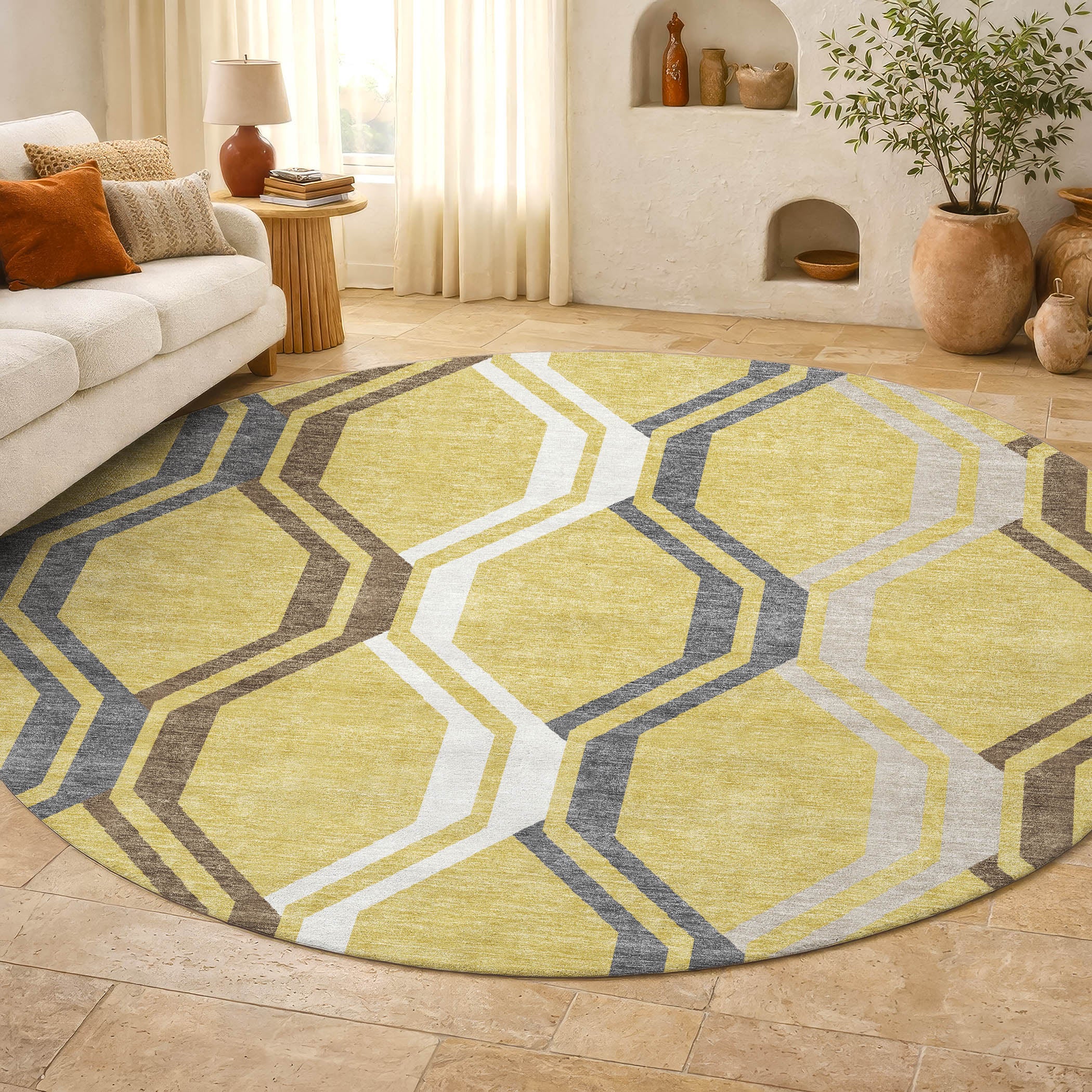 Lucerne Machine Washable Transitional Gold Rug 8' x 8' #shape_Round