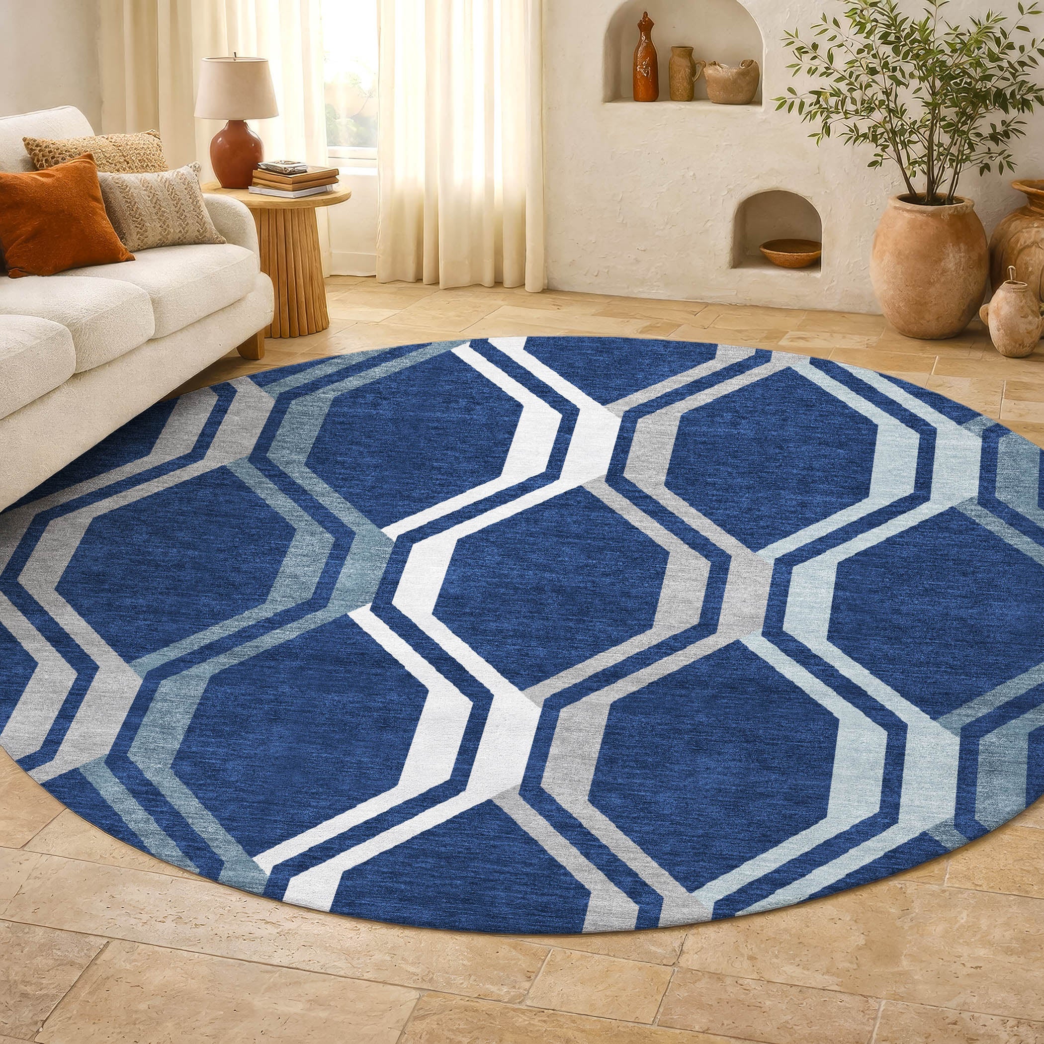 Lucerne Machine Washable Transitional Navy Blue Rug 8' x 8' #shape_Round