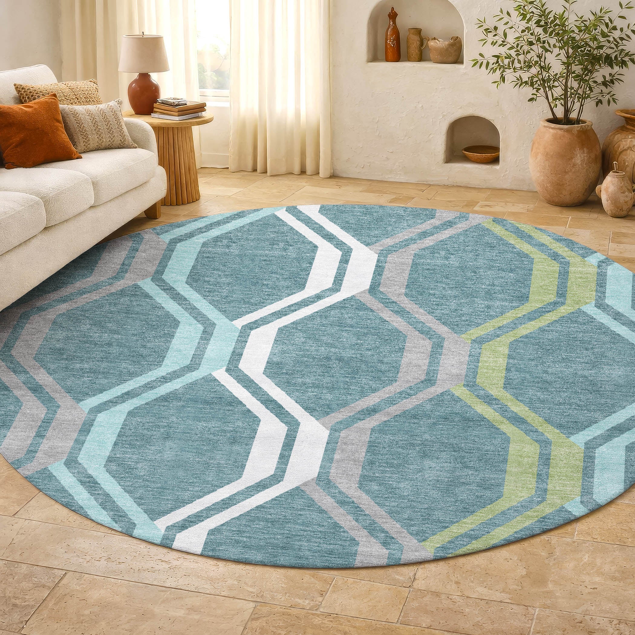 Lucerne Machine Washable Transitional Teal Rug 8' x 8' #shape_Round