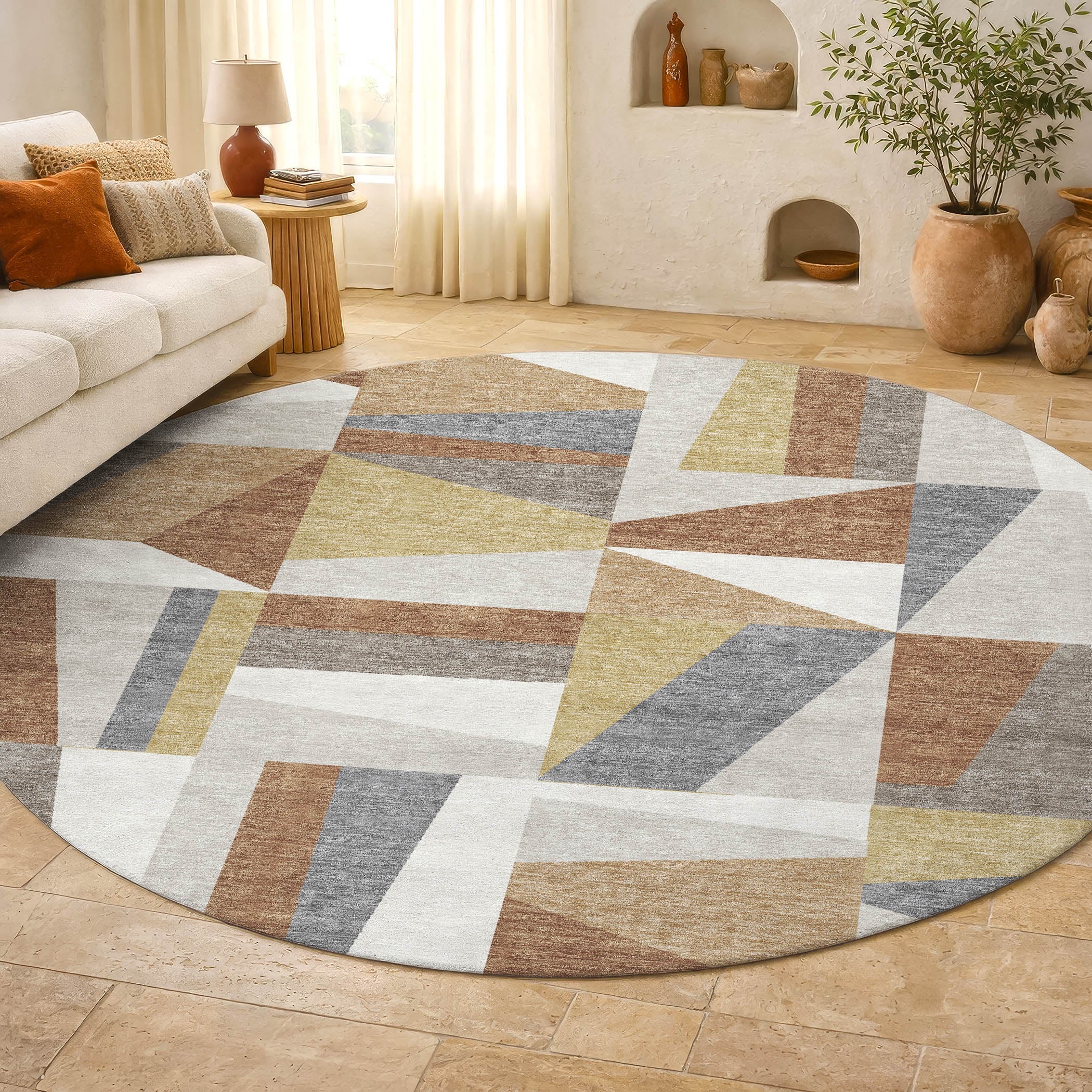 Marrakech Machine Washable Transitional Beige Brown Rug 8' x 8' #shape_Round
