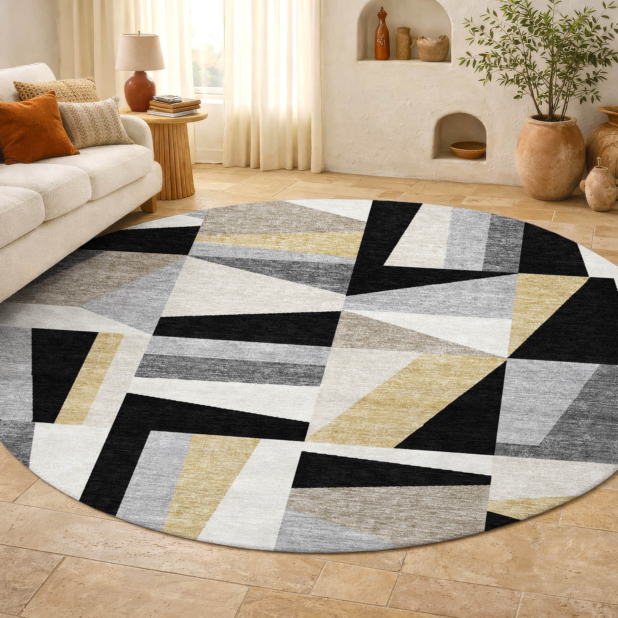 Marrakech Machine Washable Transitional Black Rug 8' x 8' #shape_Round