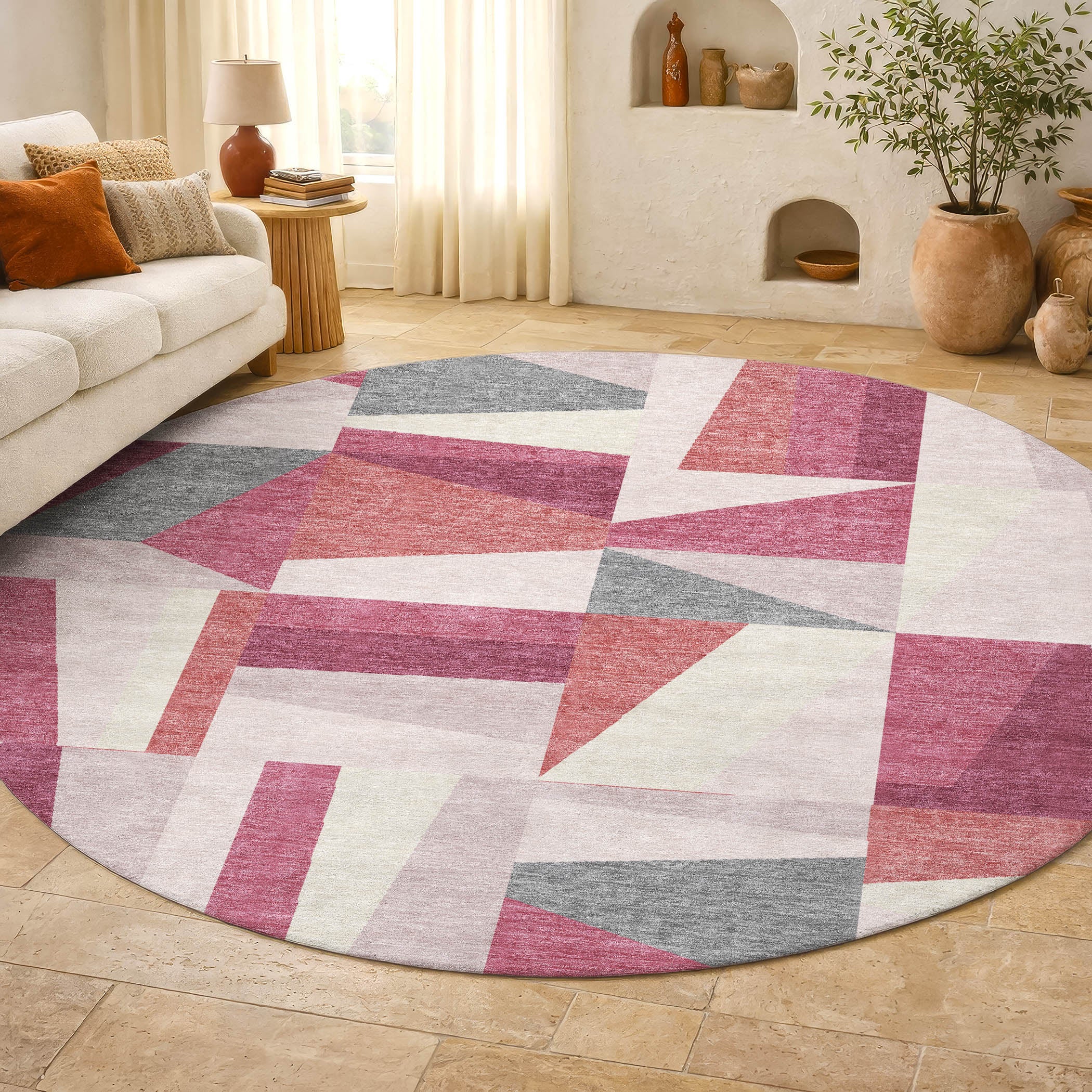 Marrakech Machine Washable Transitional Blush Pink Rug 8' x 8' #shape_Round