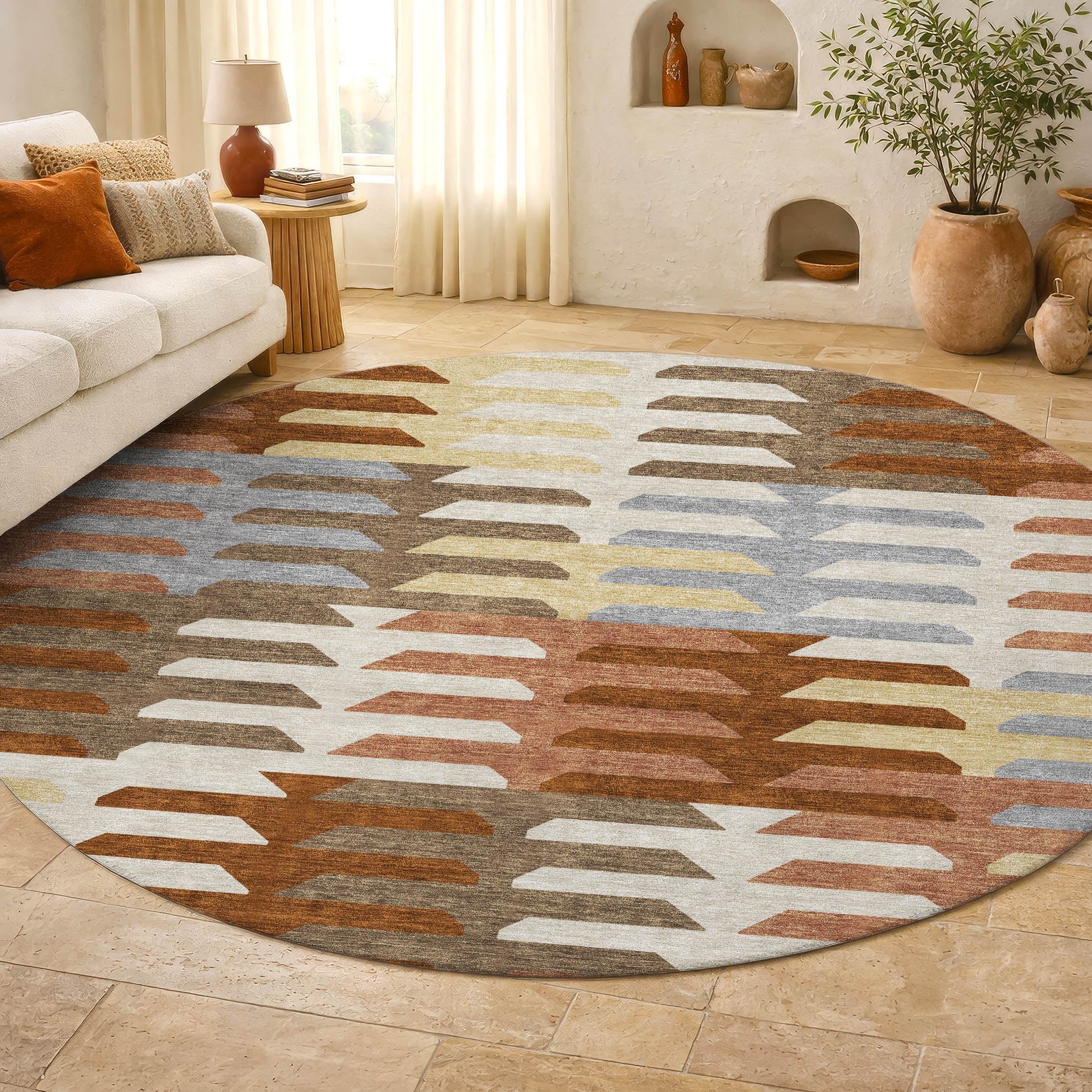 Lisbon Machine Washable Transitional Copper Orange Rug 8' x 8' #shape_Round
