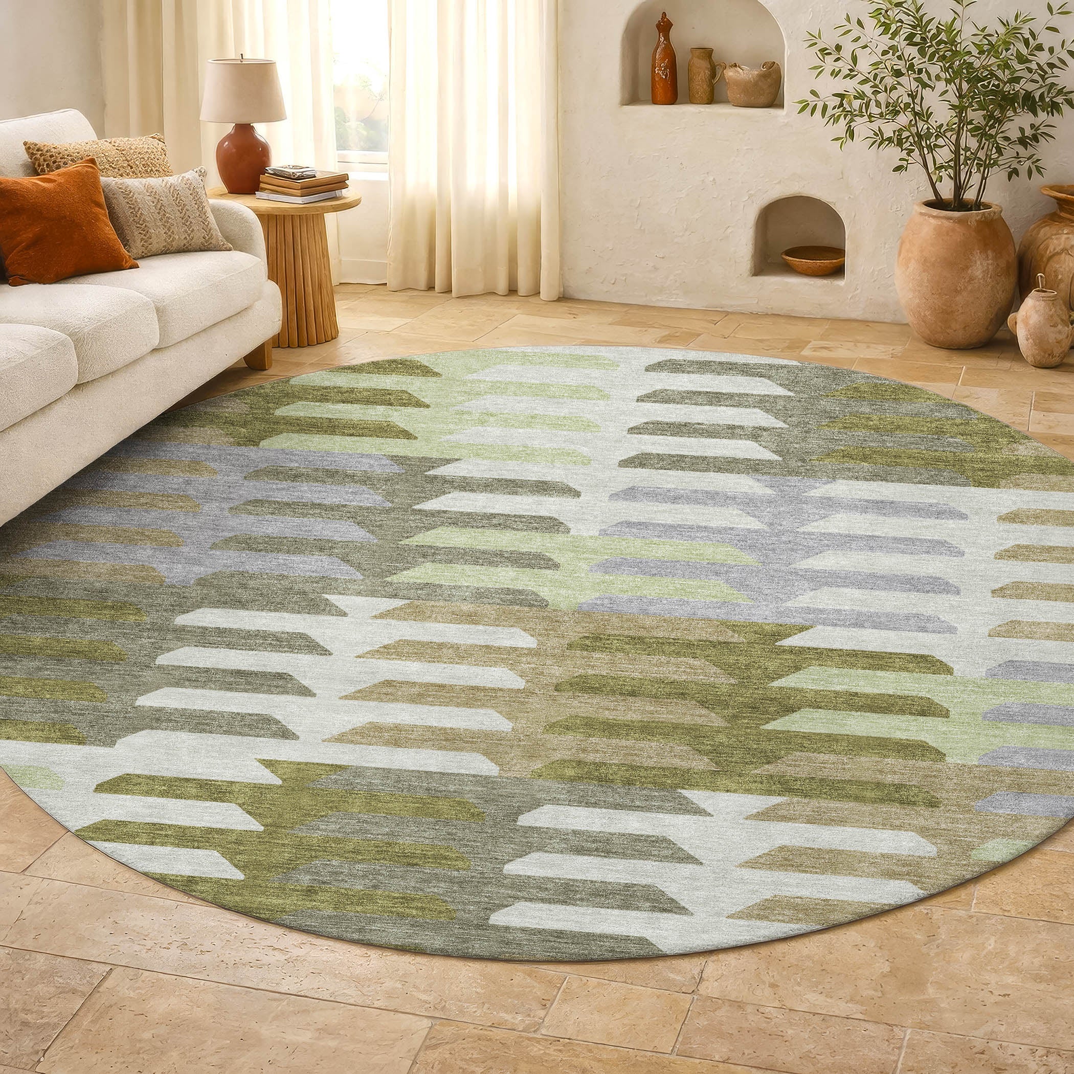 Lisbon Machine Washable Transitional Fern Green Rug 8' x 8' #shape_Round