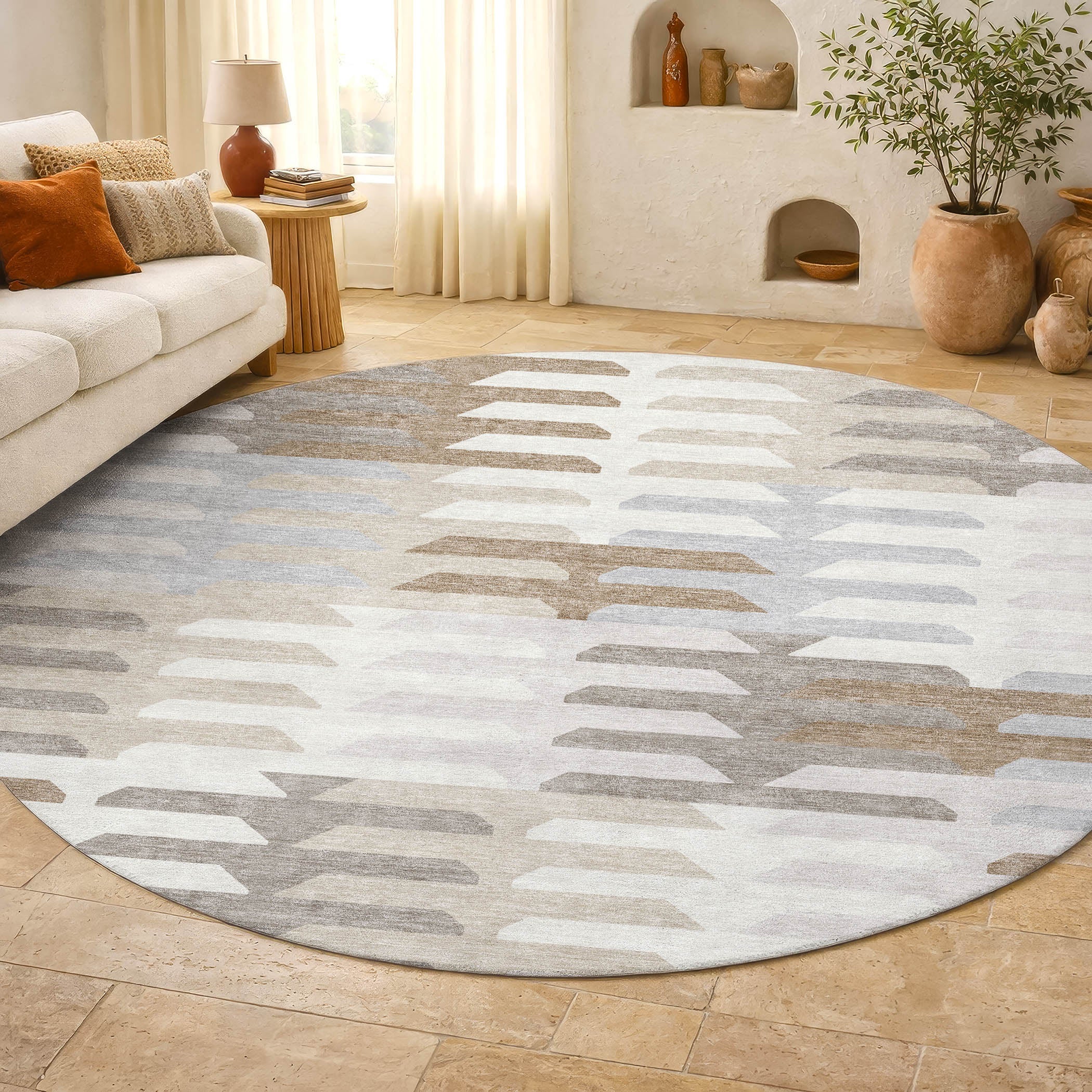 Lisbon Machine Washable Transitional Ivory Rug 8' x 8' #shape_Round