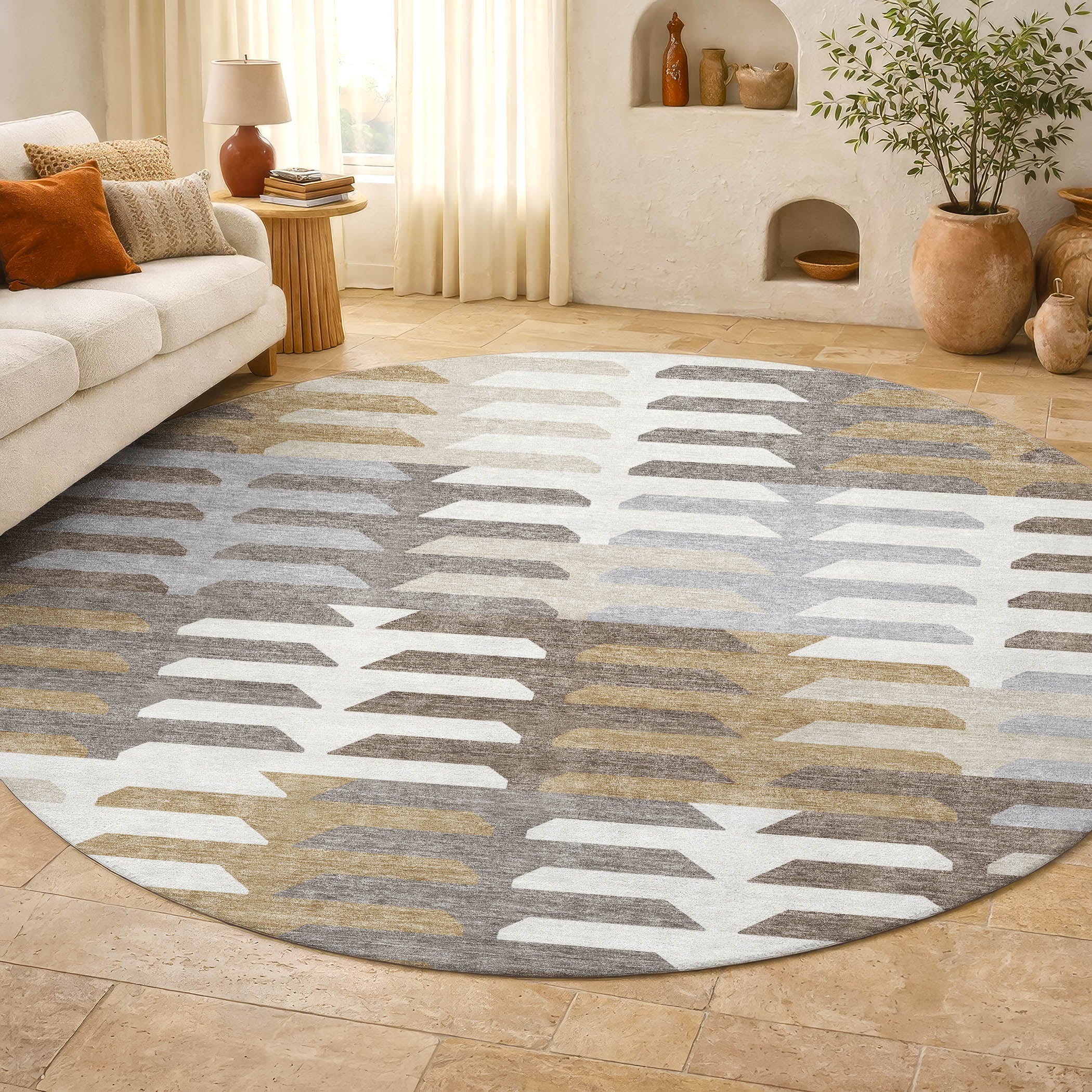 Lisbon Machine Washable Transitional Taupe Brown Rug 8' x 8' #shape_Round