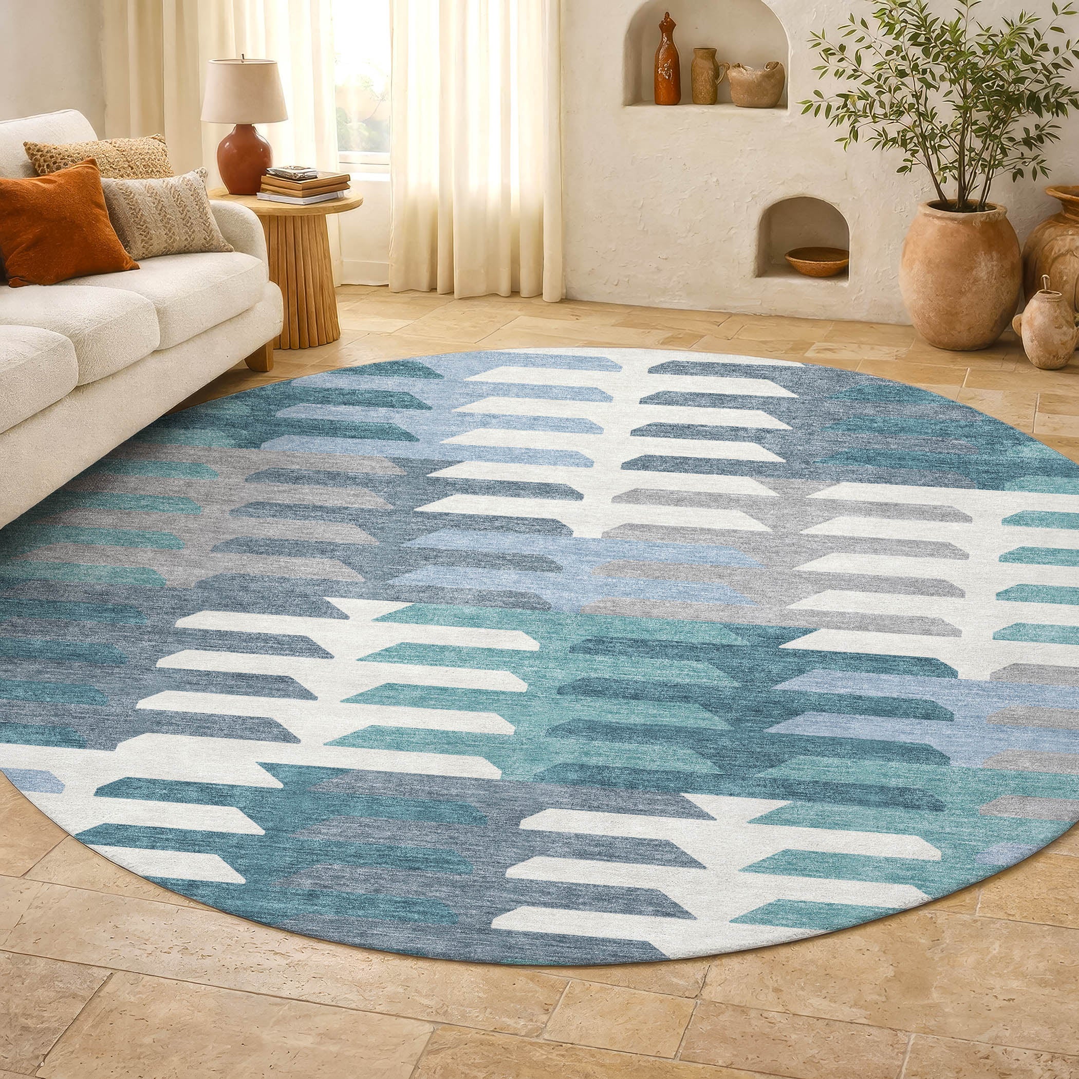 Lisbon Machine Washable Transitional Teal Rug 8' x 8' #shape_Round