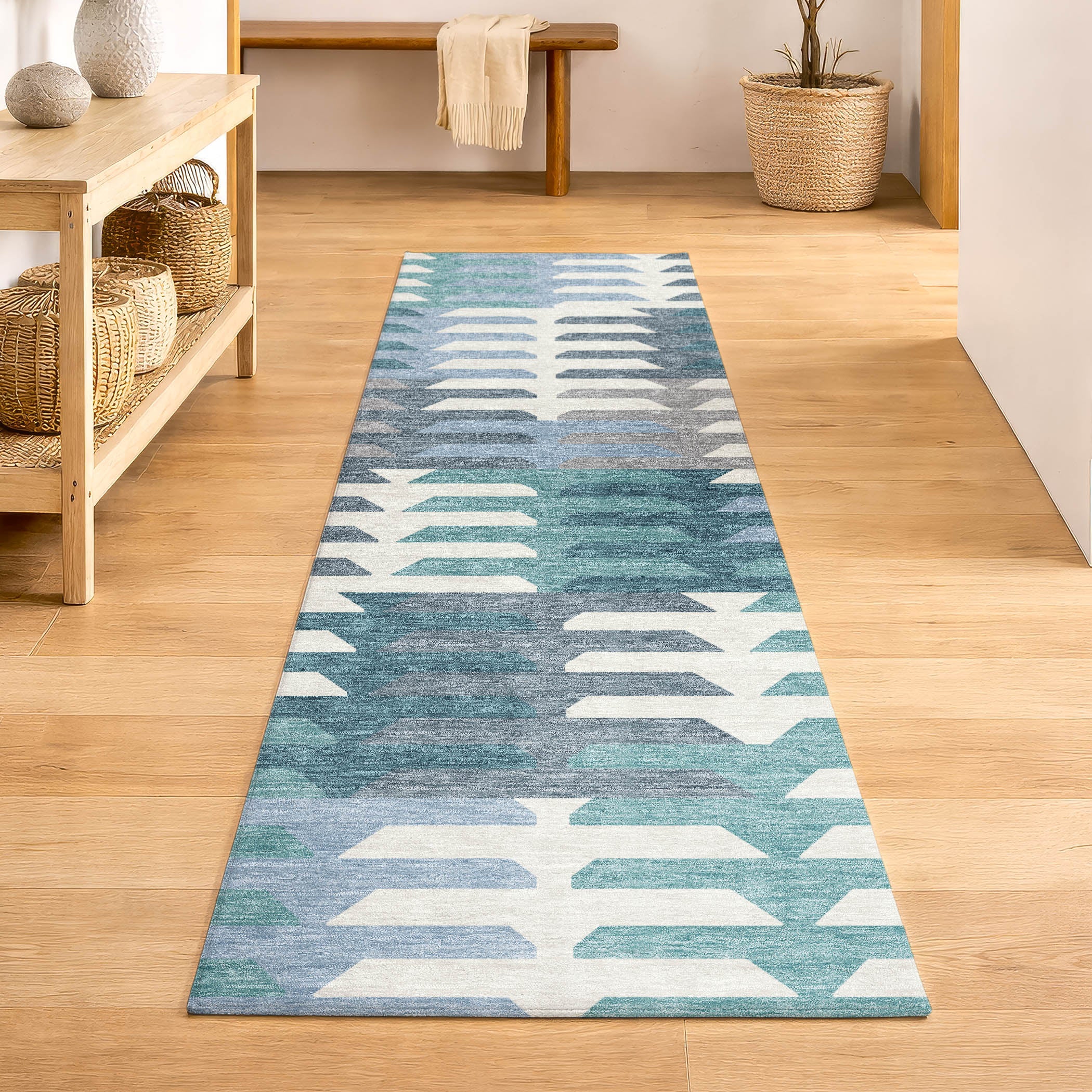 Lisbon Machine Washable Transitional Teal Rug 2'3" x 7'6" #shape_Runner