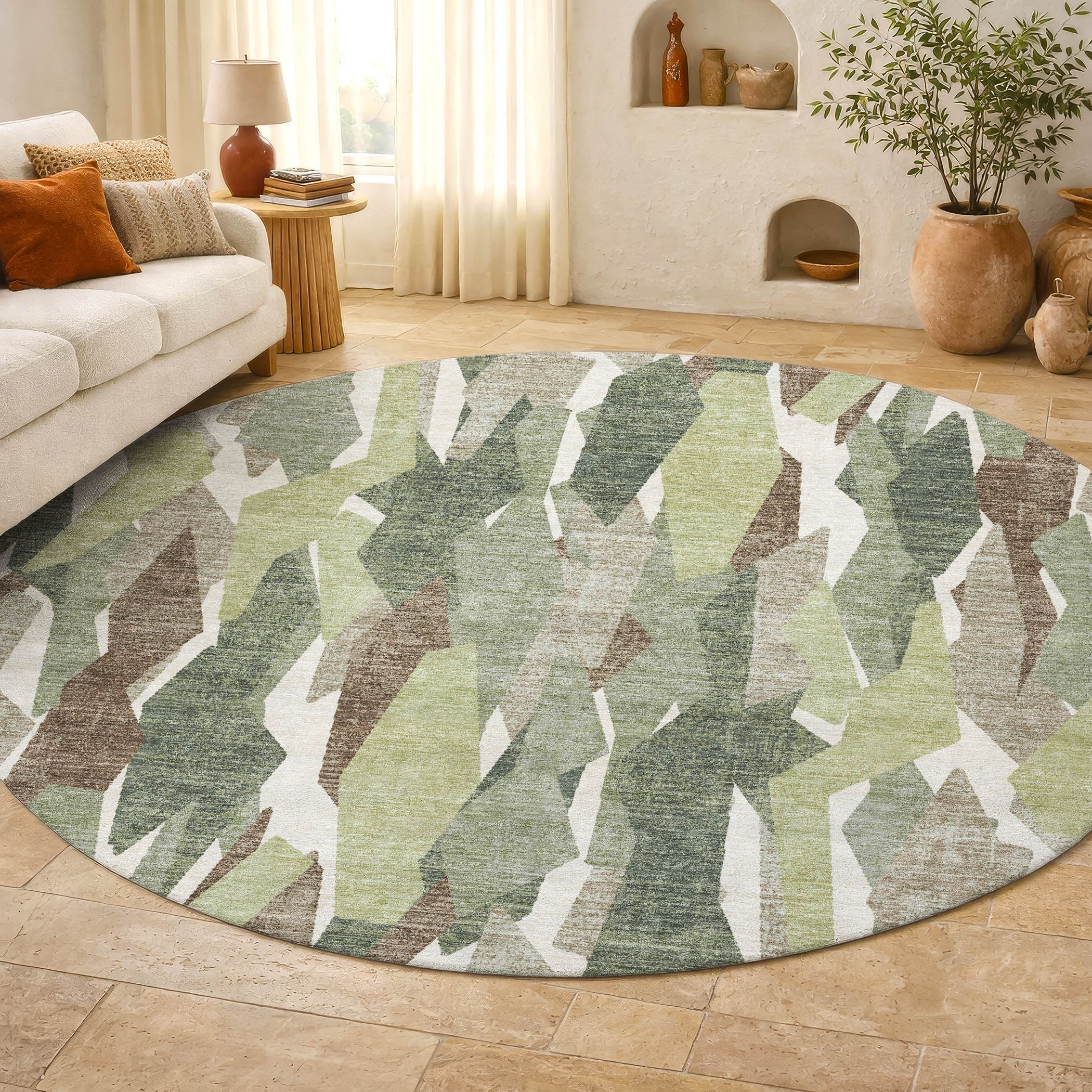 Lima Machine Washable Transitional Fern Green Rug 8' x 8' #shape_Round