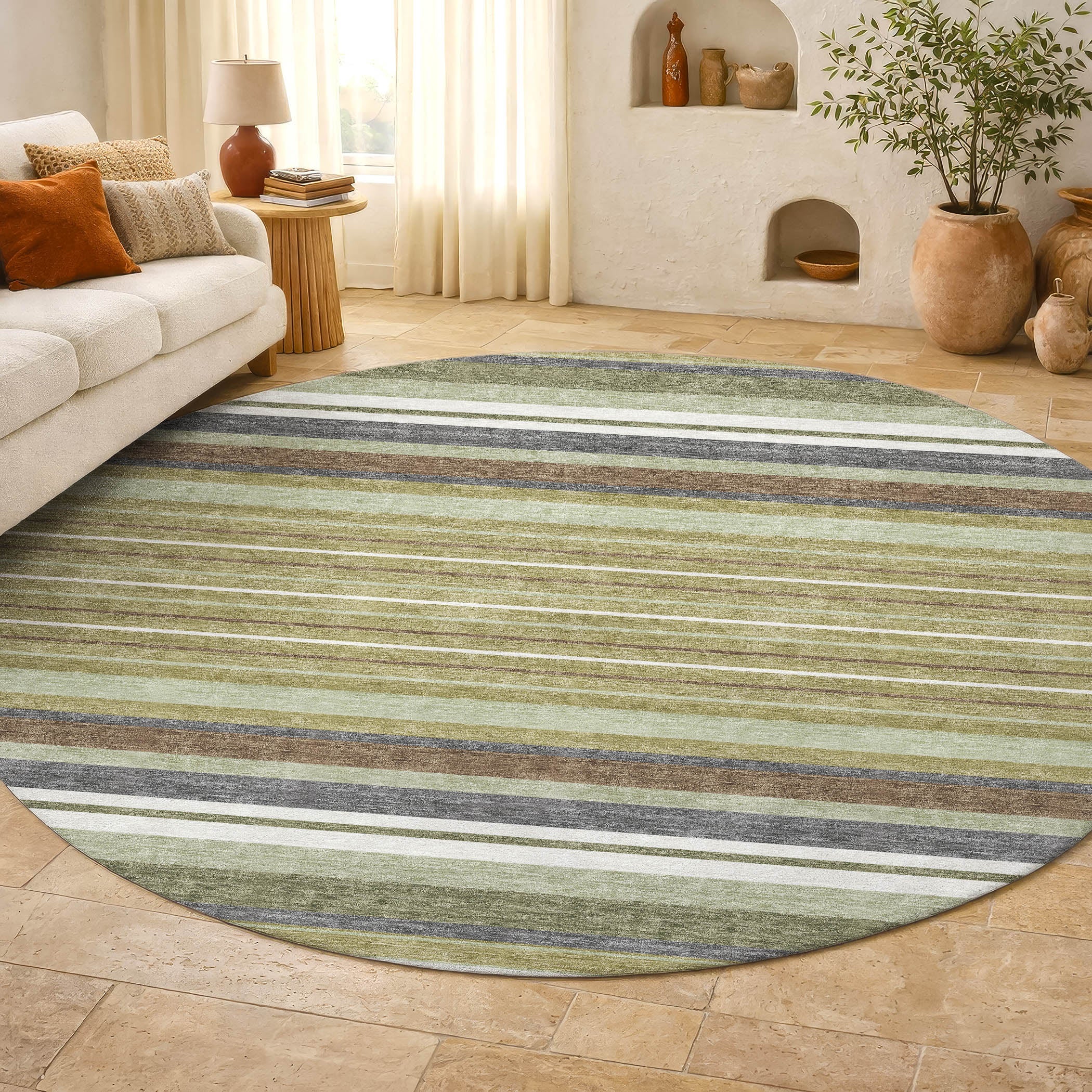 Sarajevo Machine Washable Transitional Aloe Green Rug 8' x 8' #shape_Round