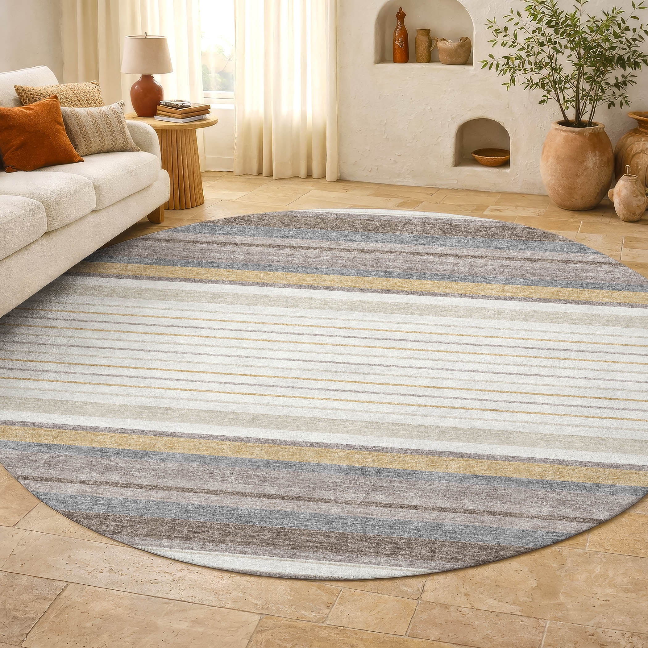 Sarajevo Machine Washable Transitional Ivory Rug 8' x 8' #shape_Round