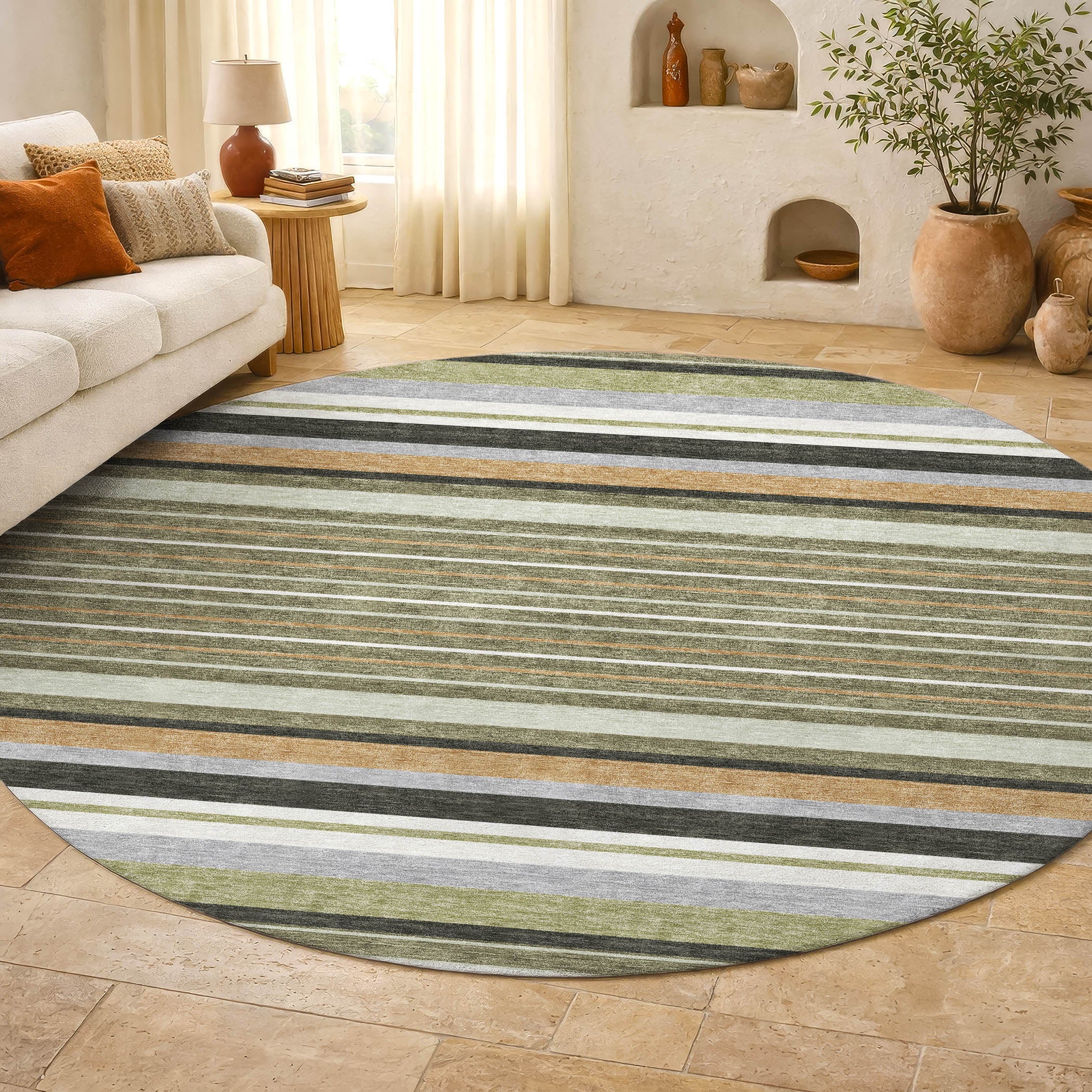 Sarajevo Machine Washable Transitional Olive Green Rug 8' x 8' #shape_Round