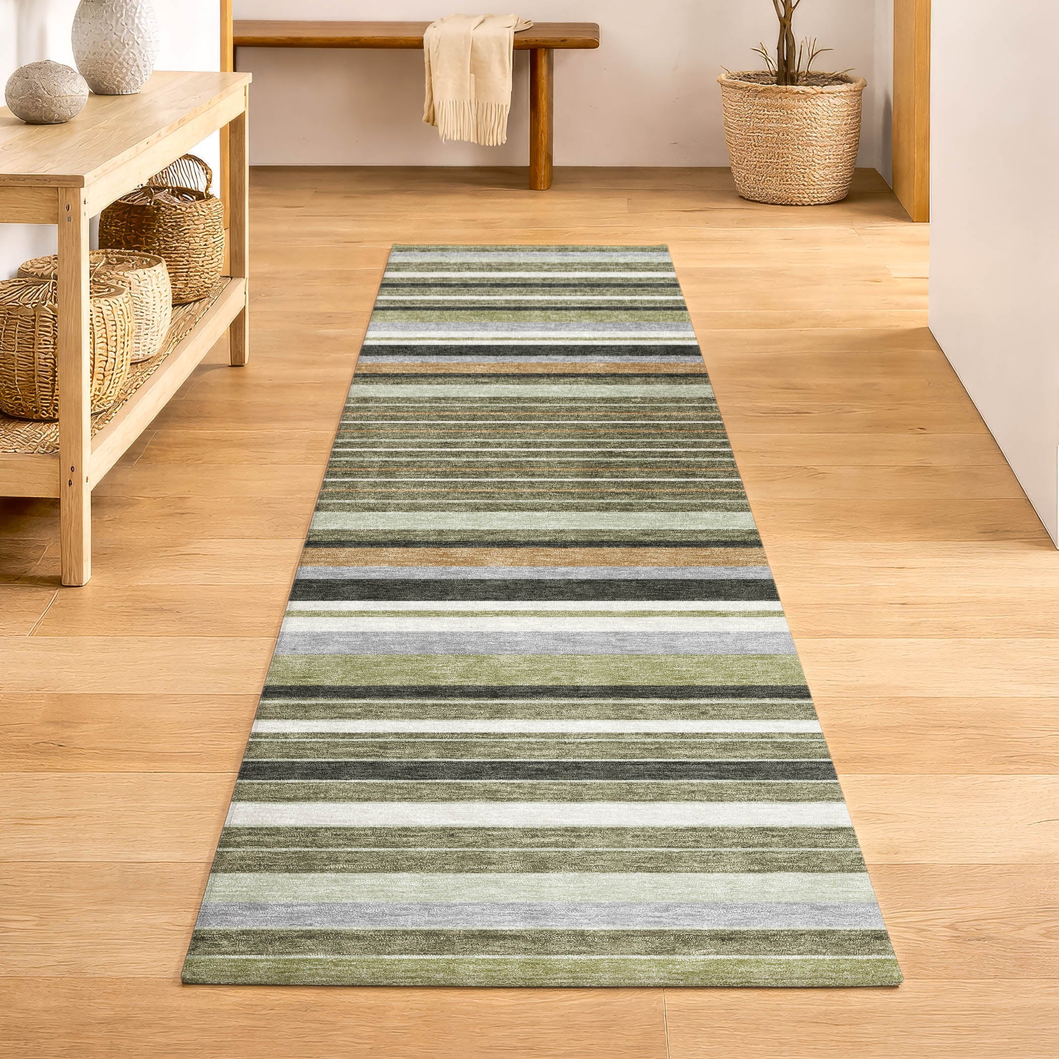 Sarajevo Machine Washable Transitional Olive Green Rug 2'3" x 7'6" #shape_Runner