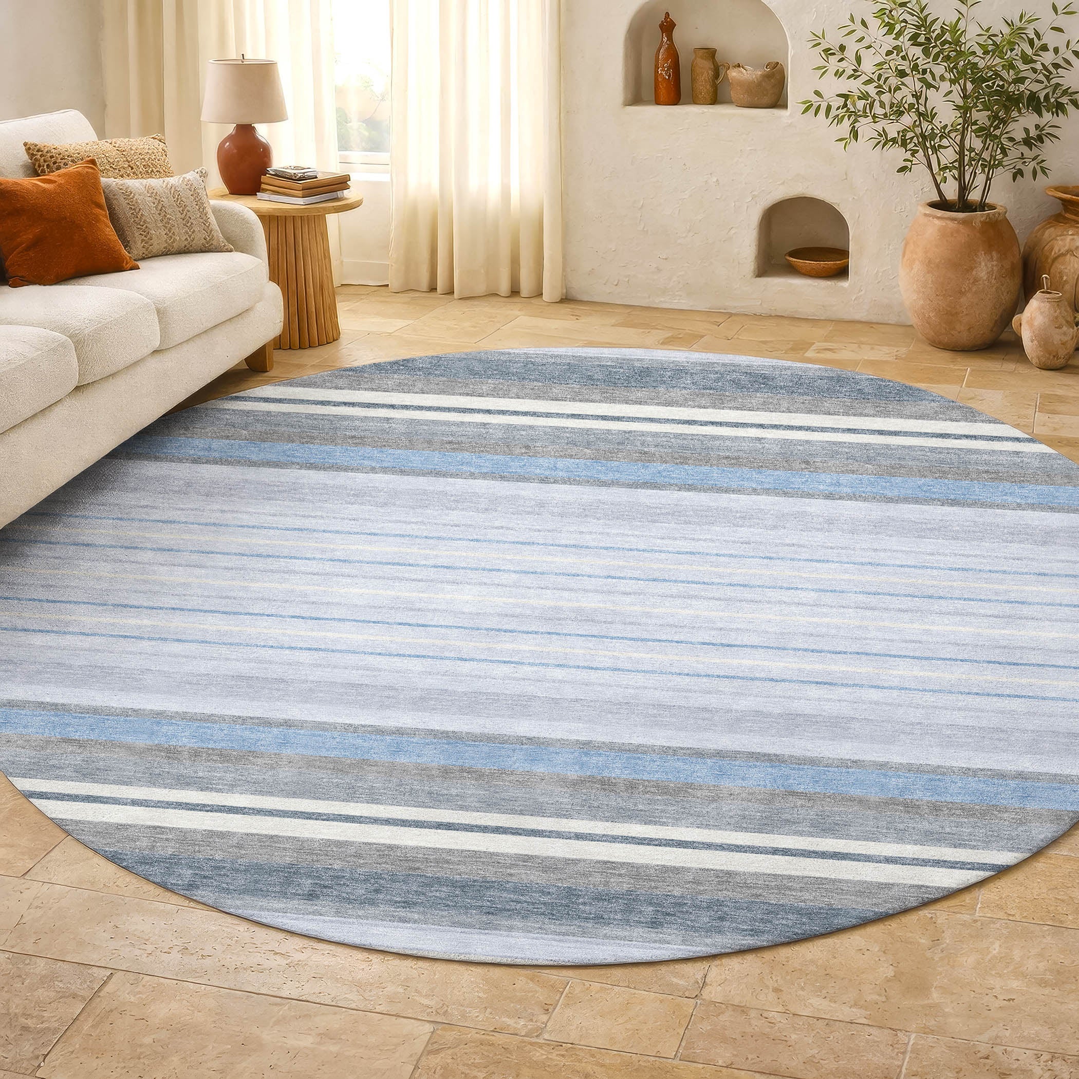 Sarajevo Machine Washable Transitional Sky Blue Rug 8' x 8' #shape_Round