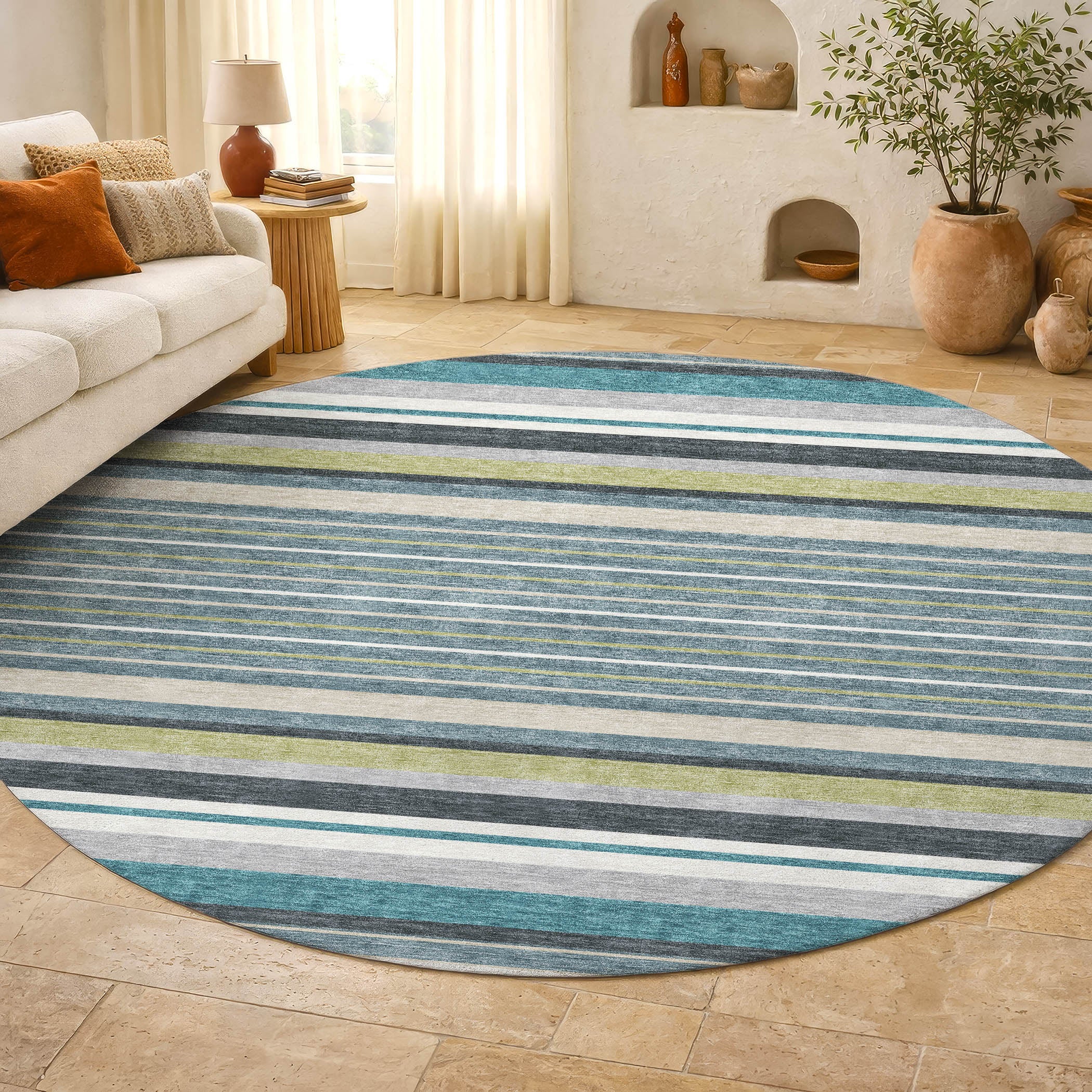 Sarajevo Machine Washable Transitional Teal Rug 8' x 8' #shape_Round