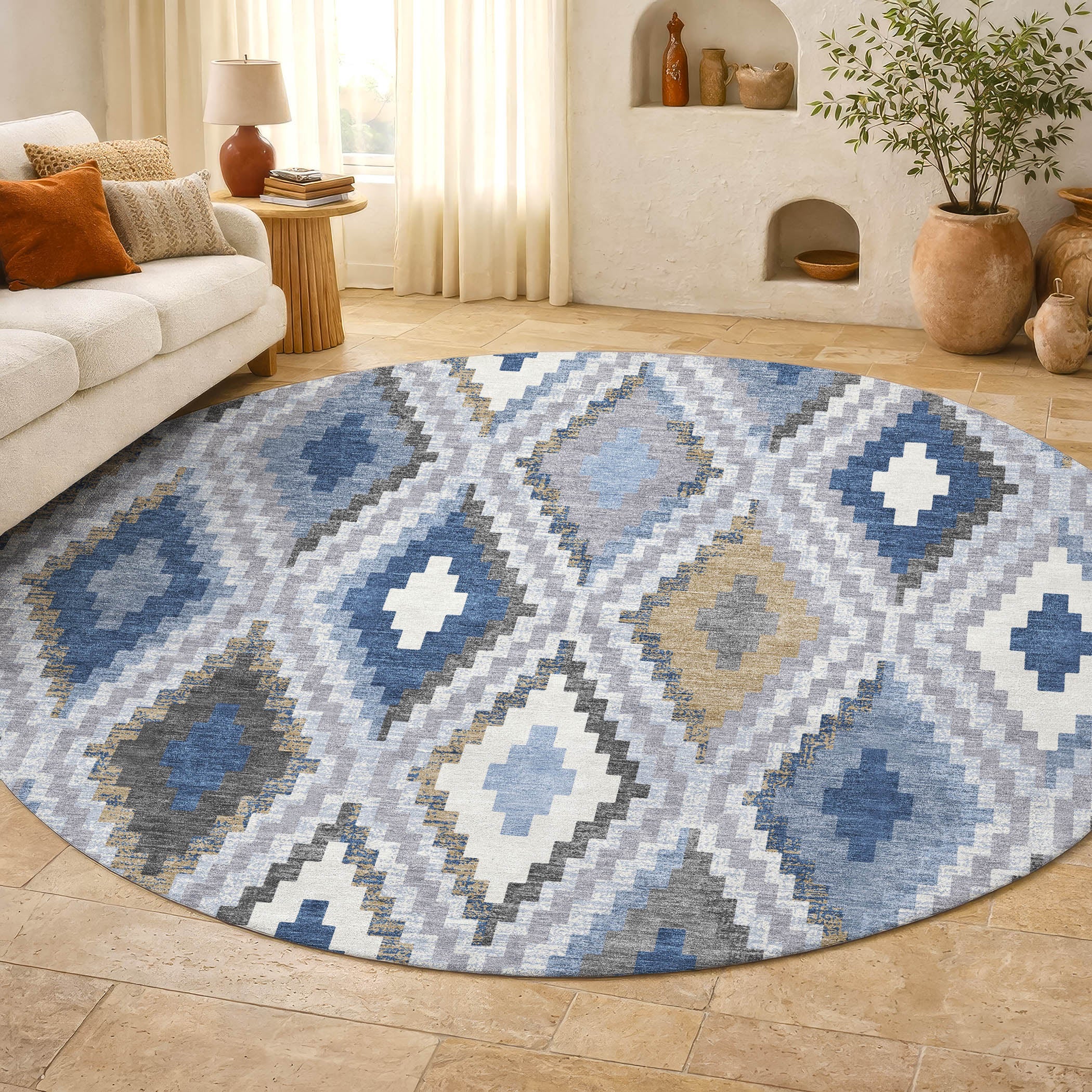 Kathmandu Machine Washable Transitional Denim Blue Rug 8' x 8' #shape_Round
