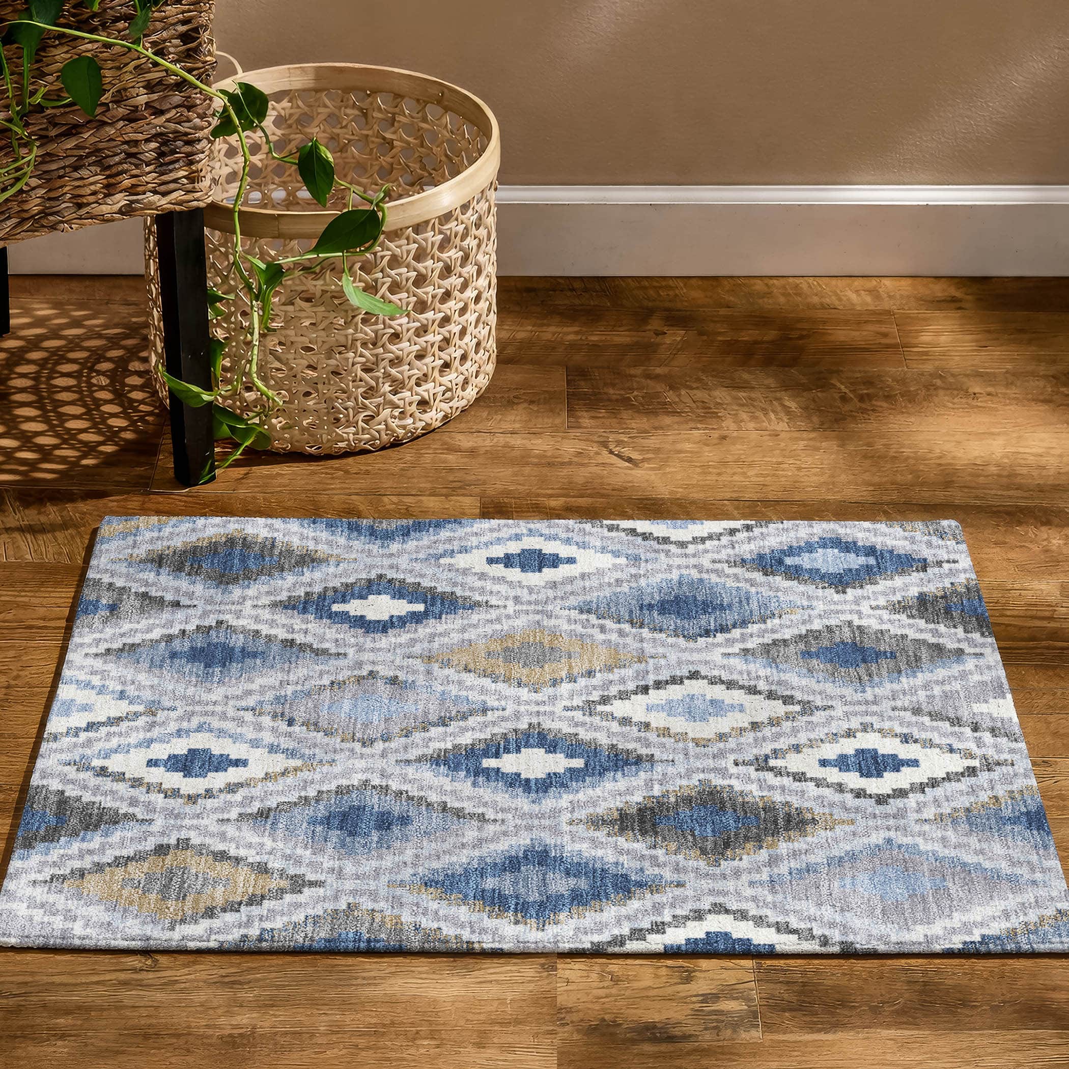 Kathmandu Machine Washable Transitional Denim Blue Rug 1'8" x 2'6" #shape_Rectangle