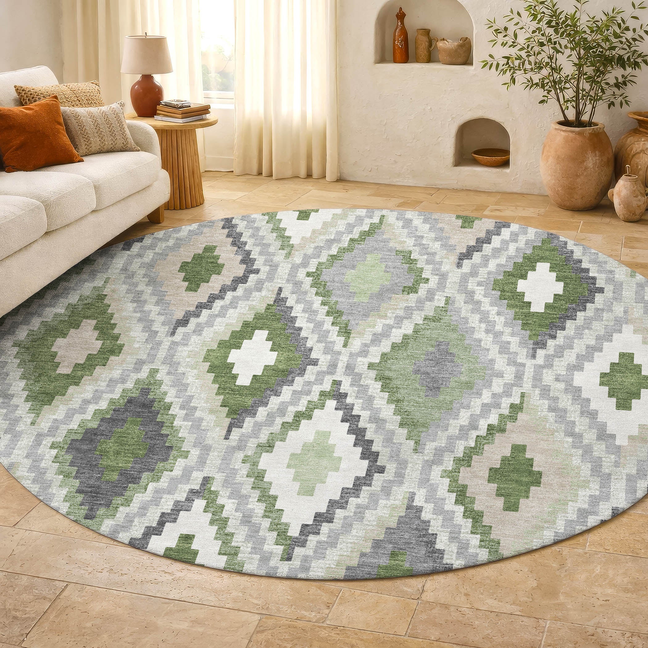 Kathmandu Machine Washable Transitional Fern Green Rug 8' x 8' #shape_Round