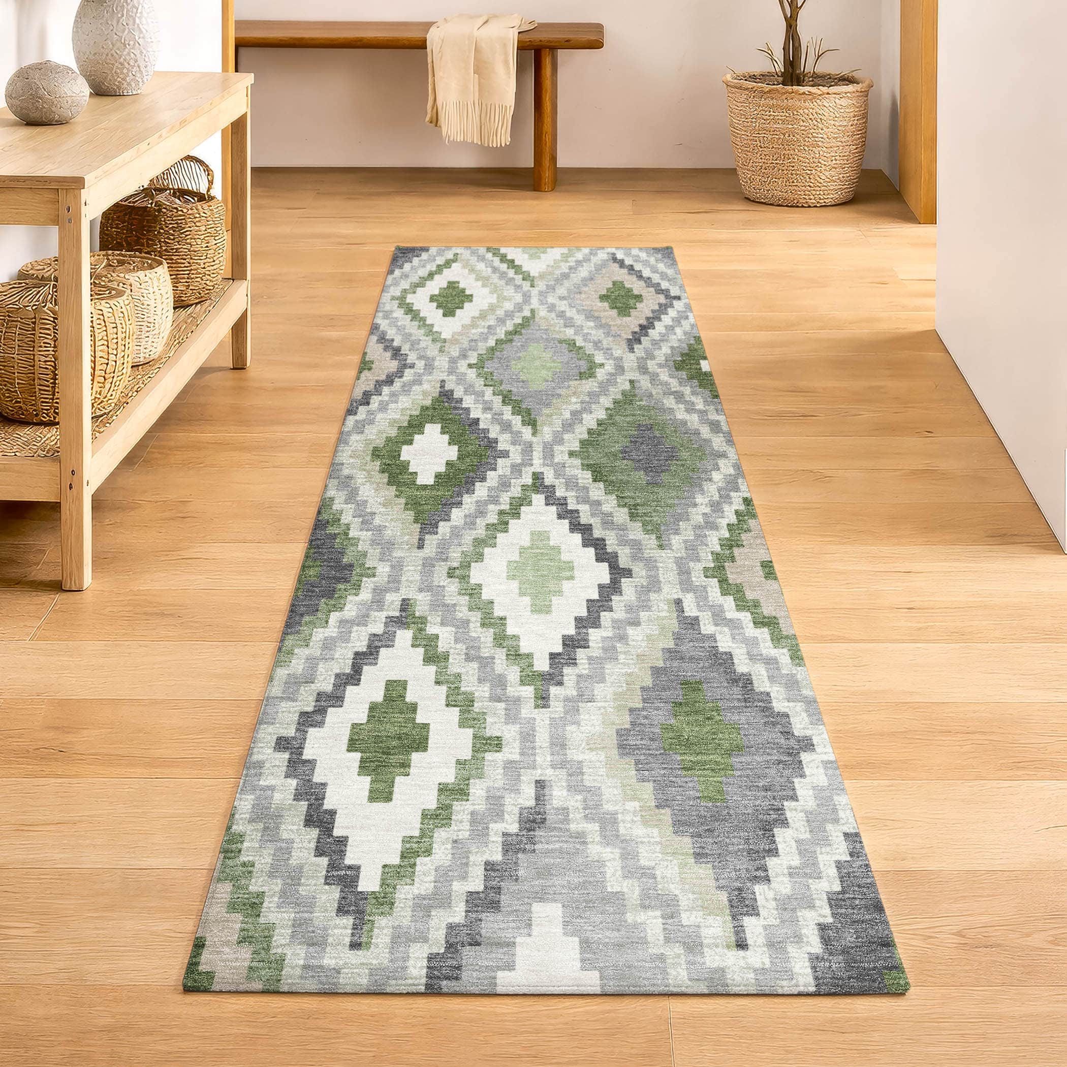 Kathmandu Machine Washable Transitional Fern Green Rug 2'3" x 7'6" #shape_Runner