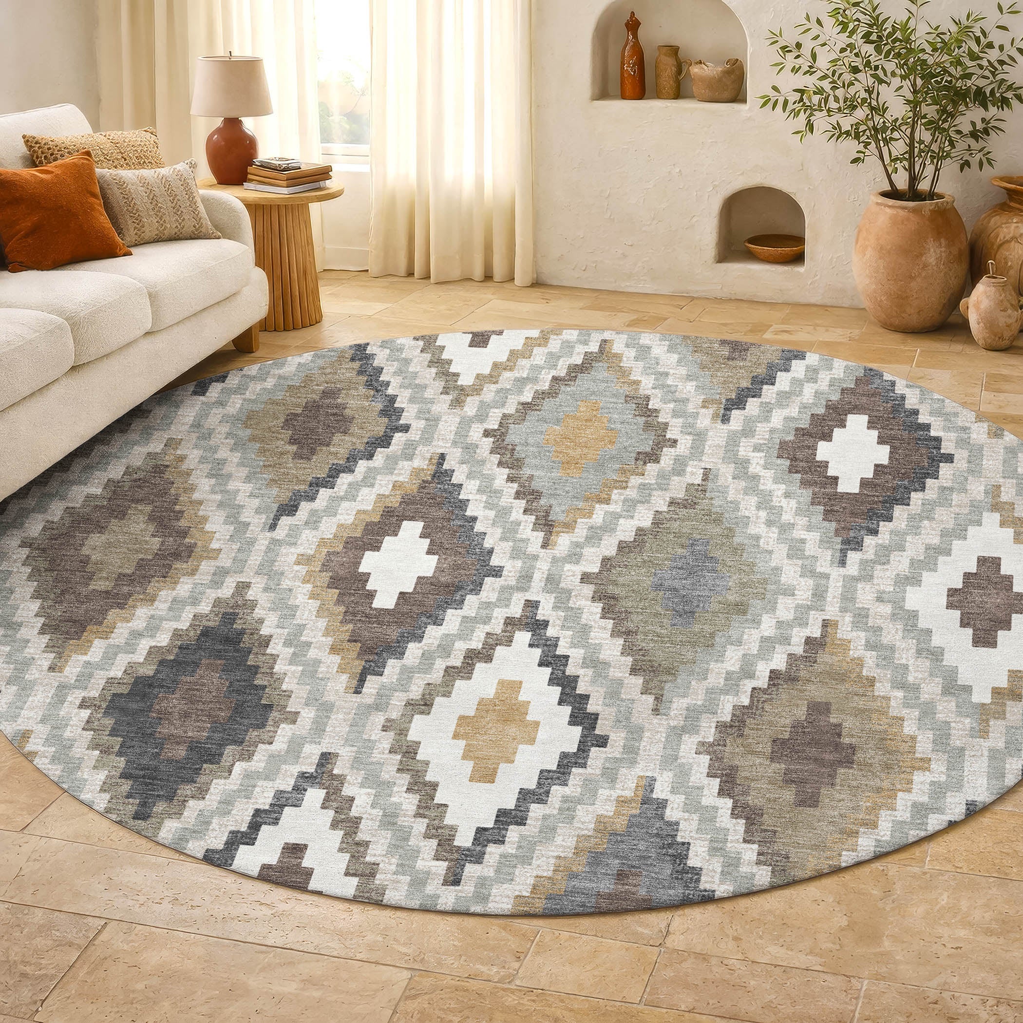 Kathmandu Machine Washable Transitional Taupe Brown Rug 8' x 8' #shape_Round