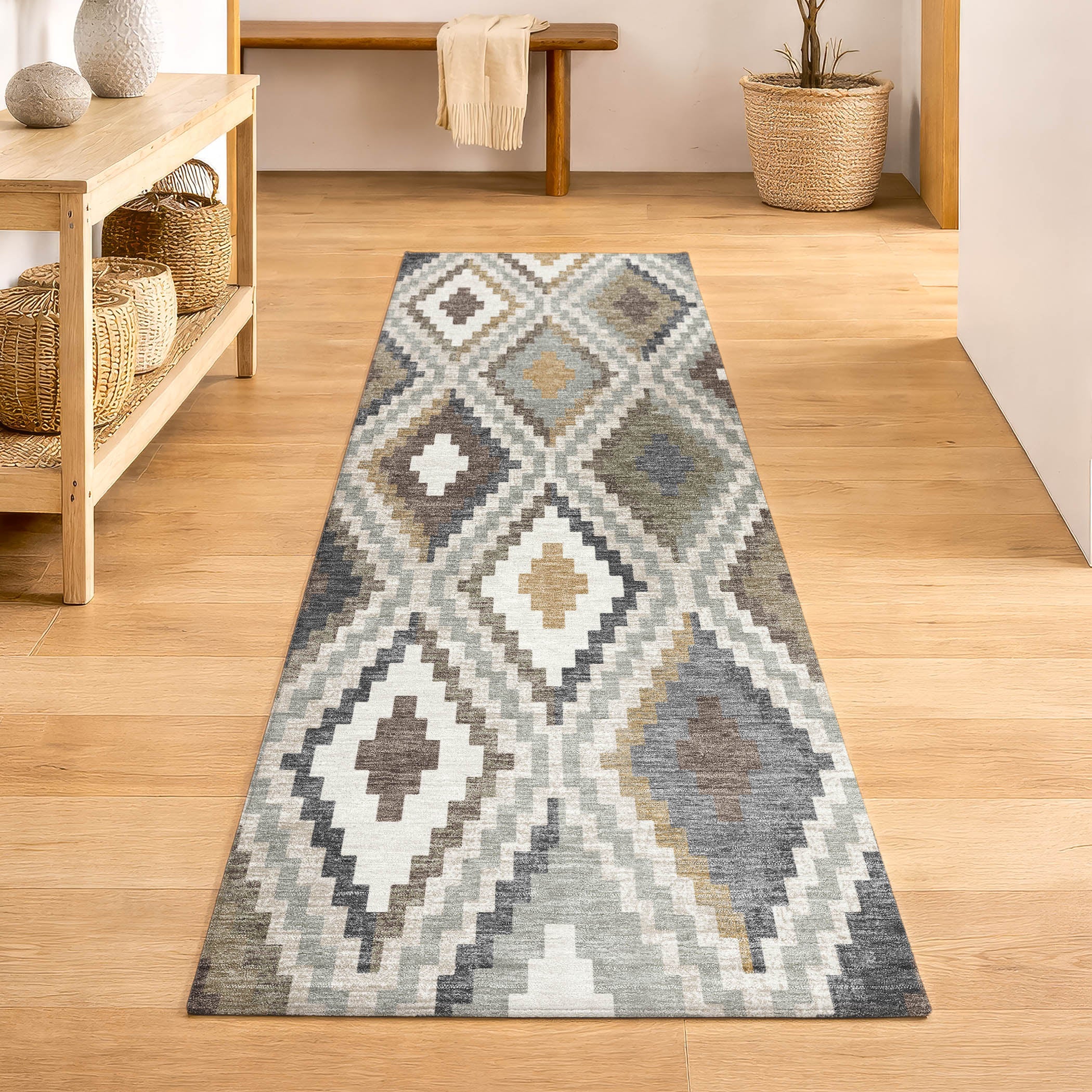 Kathmandu Machine Washable Transitional Taupe Brown Rug 2'3" x 7'6" #shape_Runner