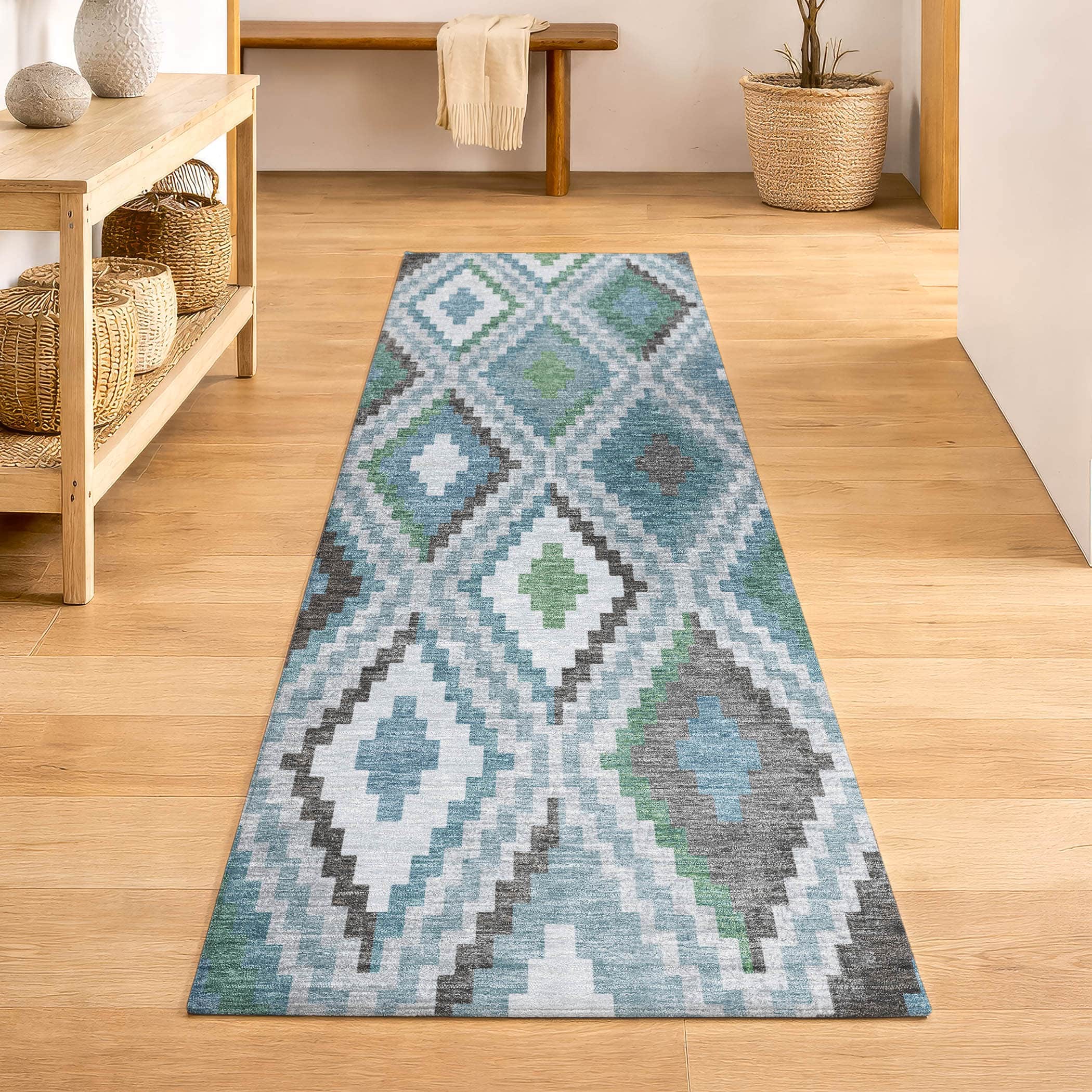 Kathmandu Machine Washable Transitional Teal Rug 2'3" x 7'6" #shape_Runner