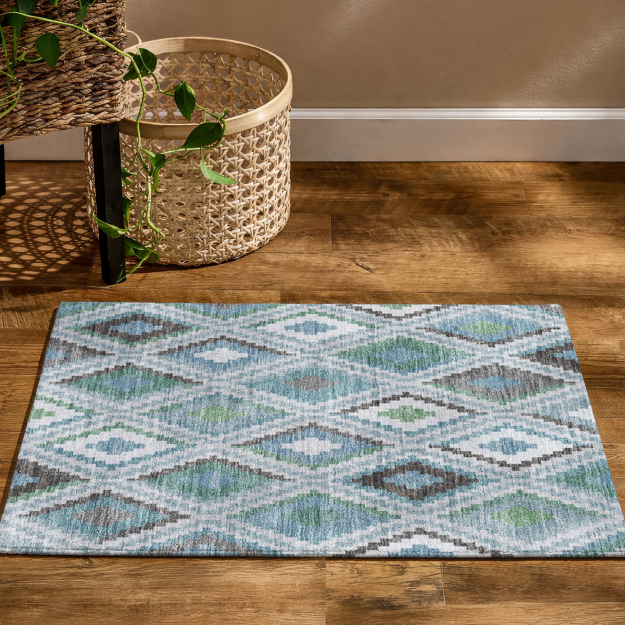 Kathmandu Machine Washable Transitional Teal Rug 1'8" x 2'6" #shape_Rectangle