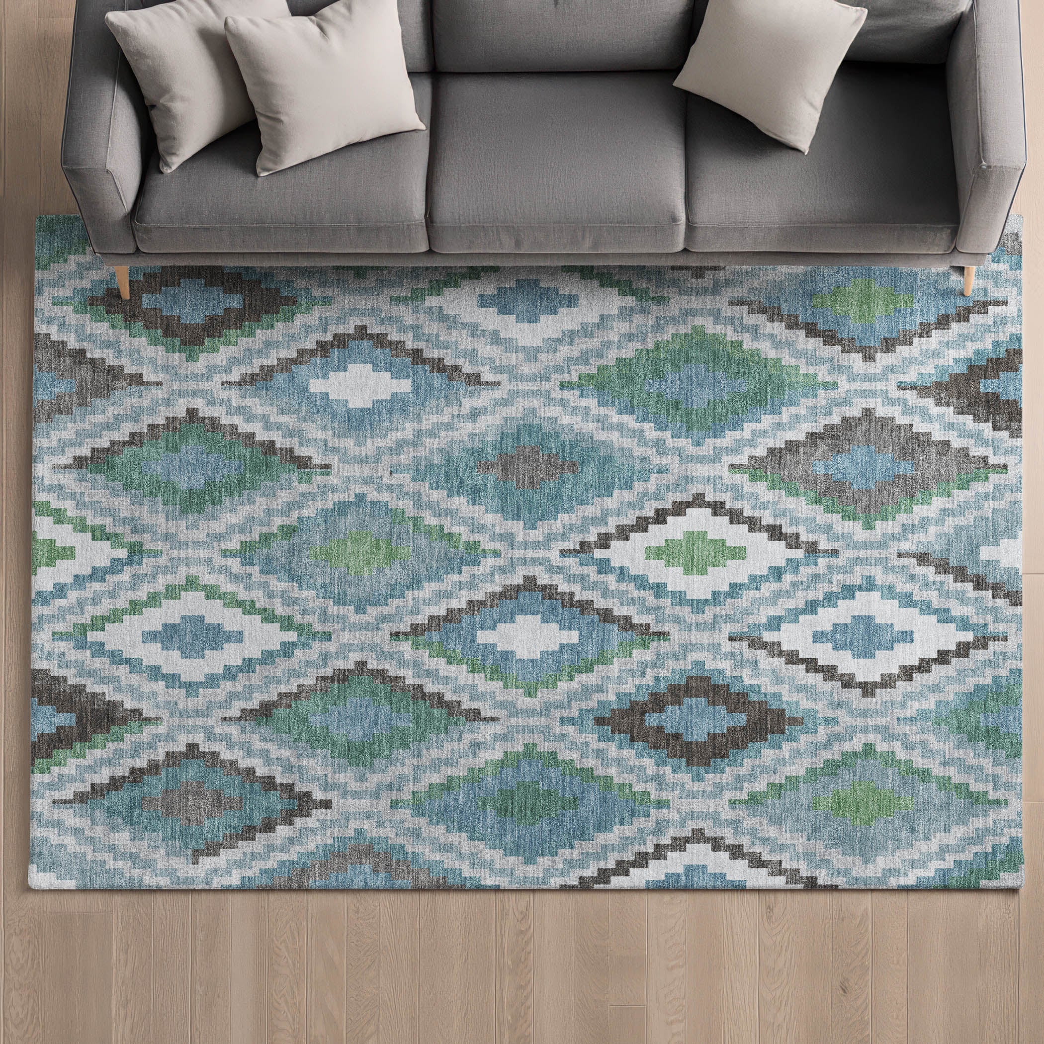 Kathmandu Machine Washable Transitional Teal Rug 3' x 5' #shape_Rectangle