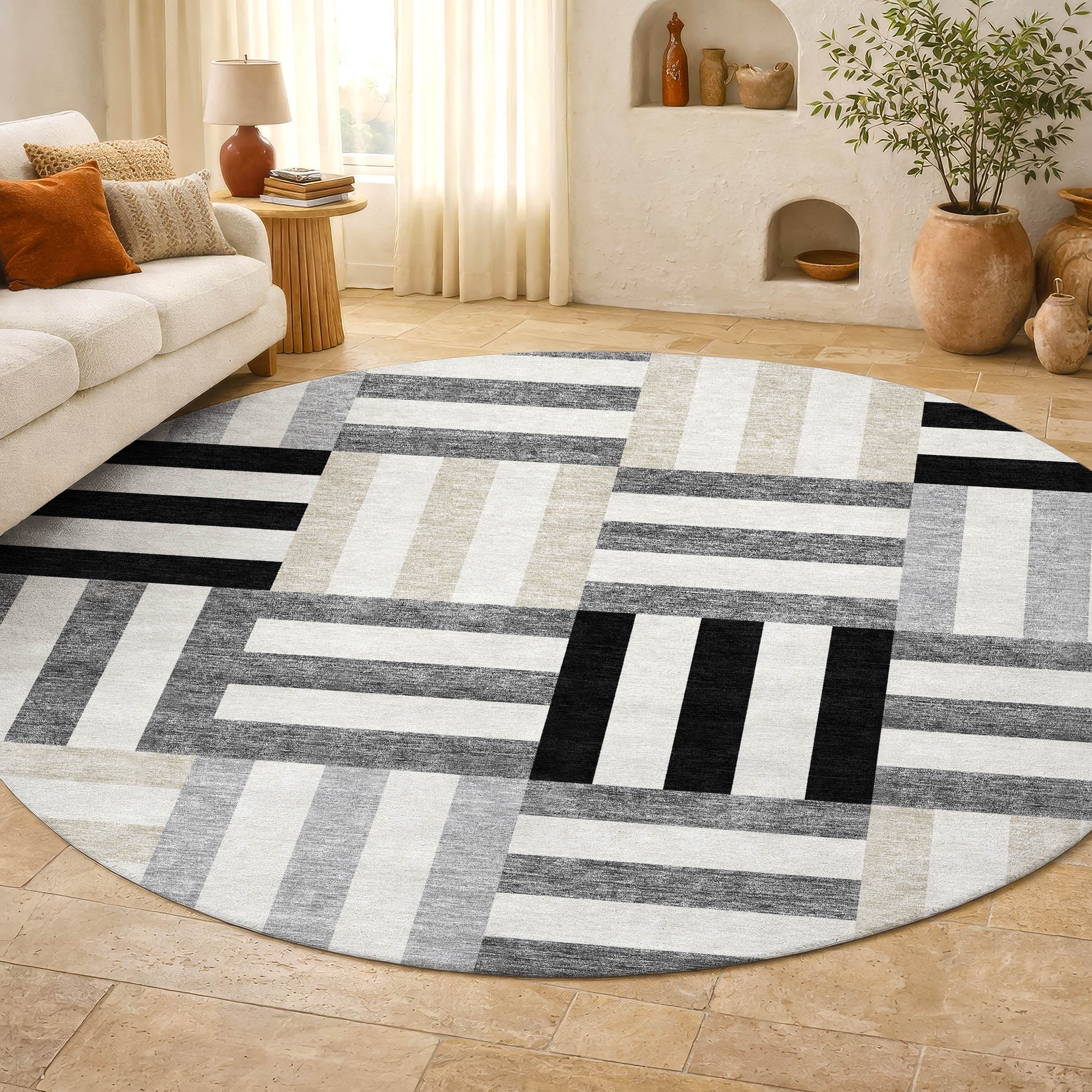 Bruges Machine Washable Transitional Black Rug 8' x 8' #shape_Round