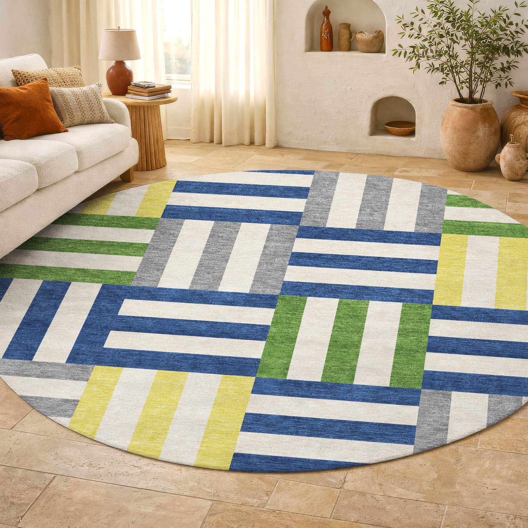 Bruges Machine Washable Transitional Blue Rug 8' x 8' #shape_Round