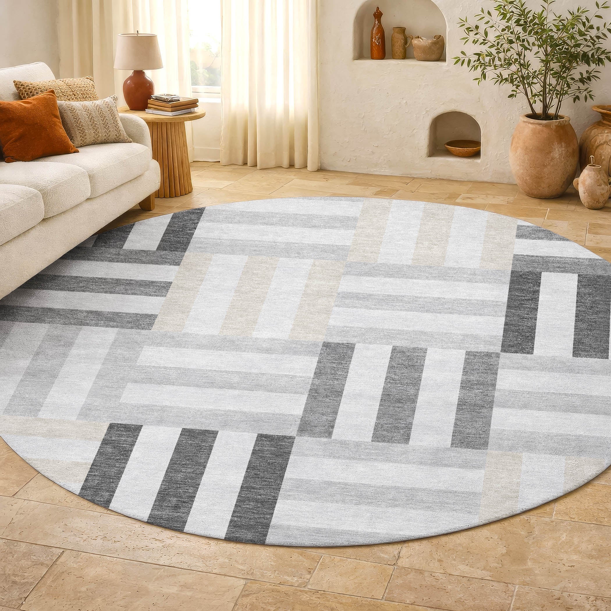 Bruges Machine Washable Transitional Gray Rug 8' x 8' #shape_Round