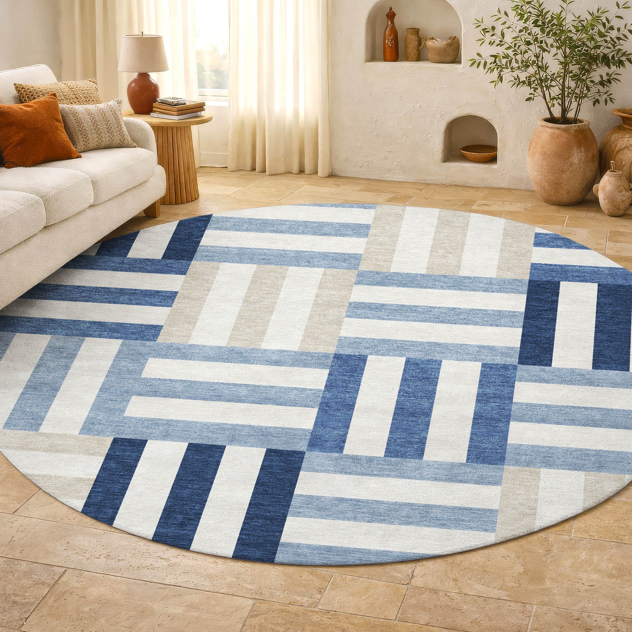 Bruges Machine Washable Transitional Navy Blue Rug 8' x 8' #shape_Round