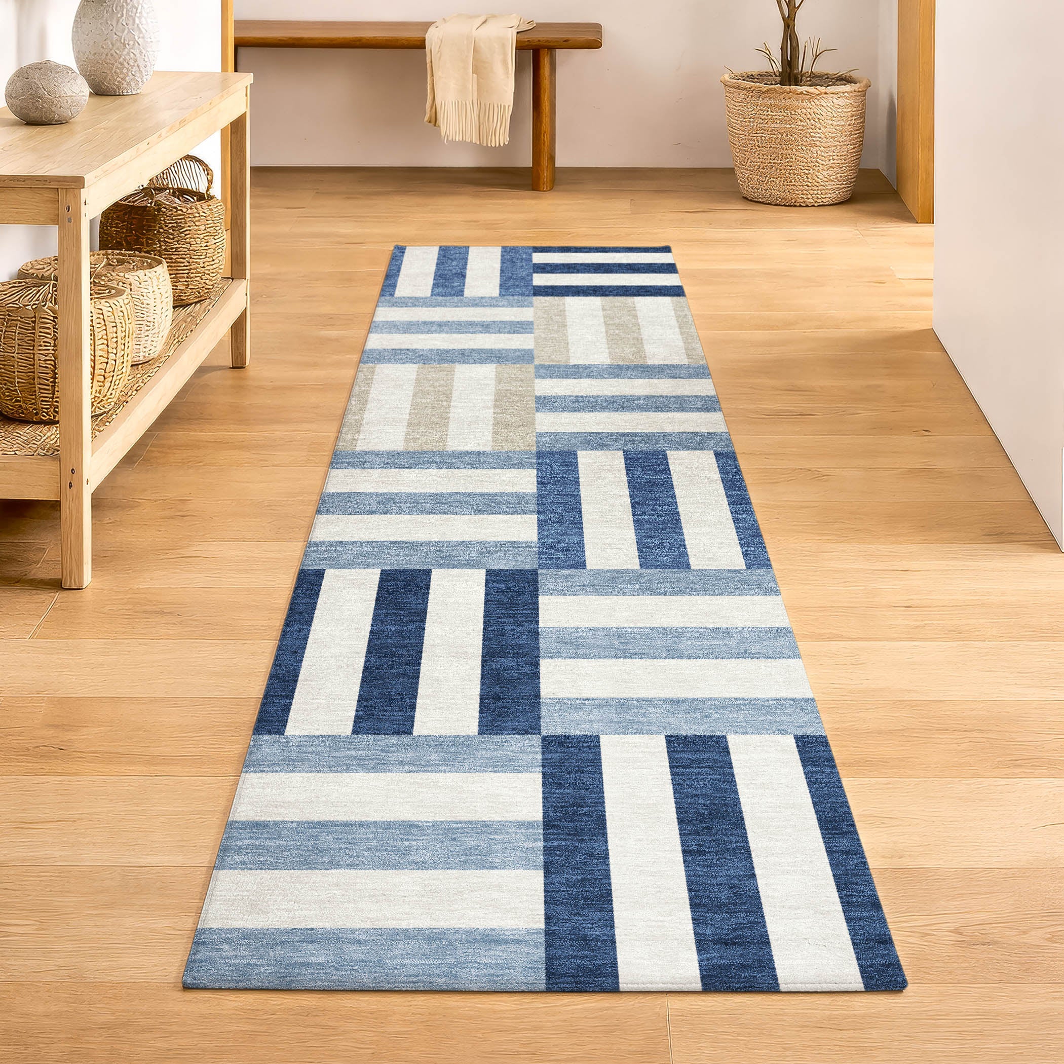 Bruges Machine Washable Transitional Navy Blue Rug 2'3" x 7'6" #shape_Runner
