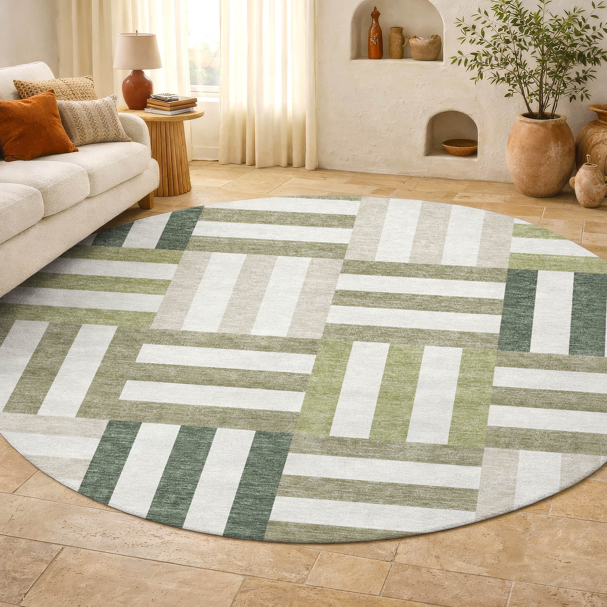 Bruges Machine Washable Transitional Sage Green Rug 8' x 8' #shape_Round