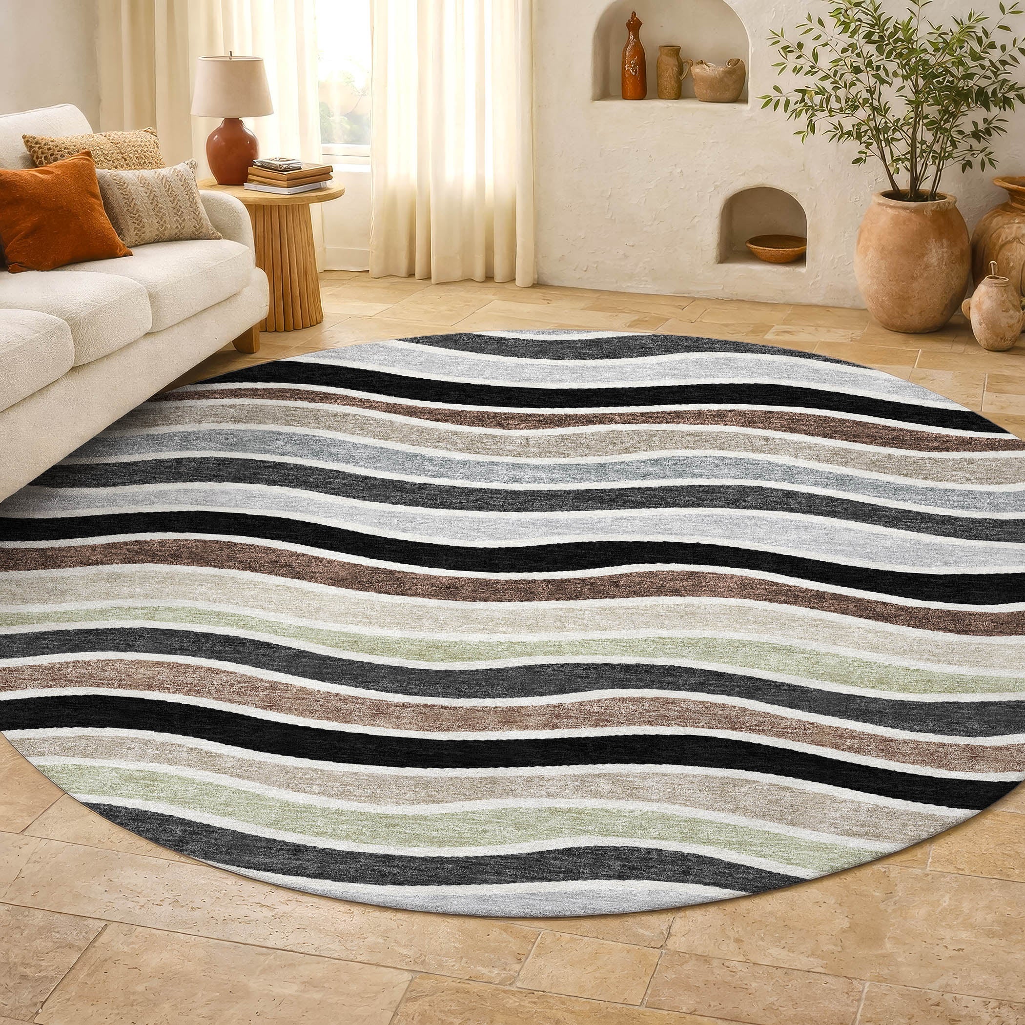Marrakech Machine Washable Transitional Black Rug 8' x 8' #shape_Round