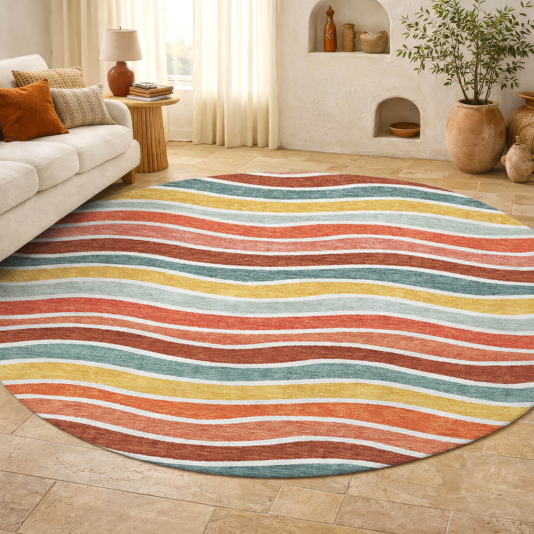 Marrakech Machine Washable Transitional Coral Orange Rug 8' x 8' #shape_Round