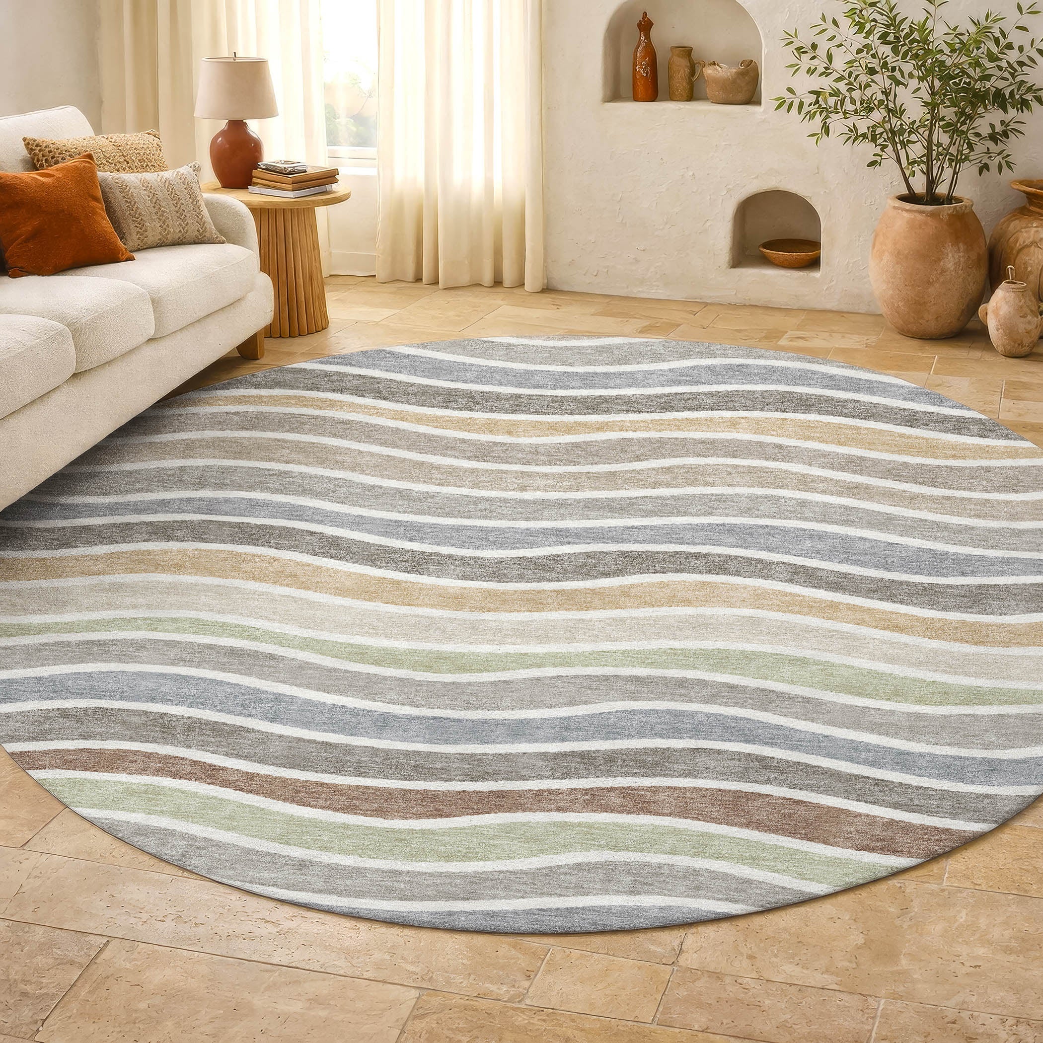 Marrakech Machine Washable Transitional Taupe Brown Rug 8' x 8' #shape_Round