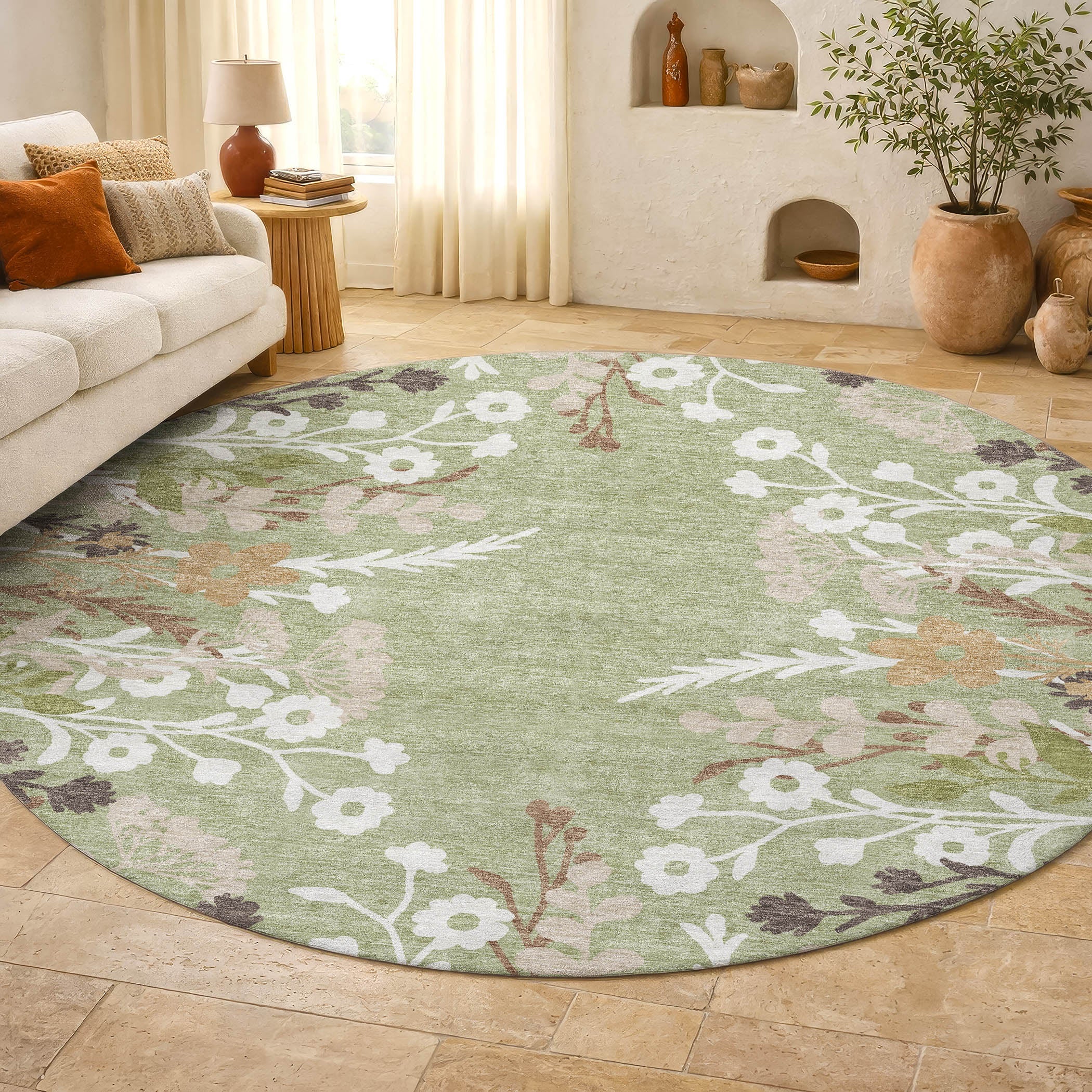 Mostar Machine Washable Transitional Aloe Green Rug 8' x 8' #shape_Round