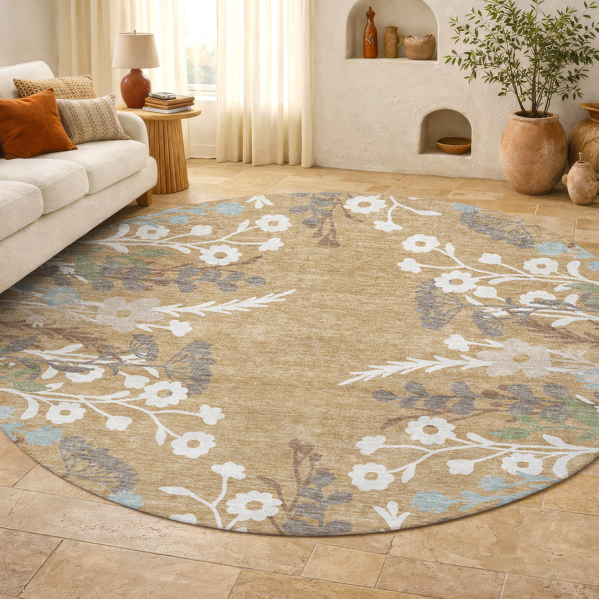 Mostar Machine Washable Transitional Gold Rug 8' x 8' #shape_Round