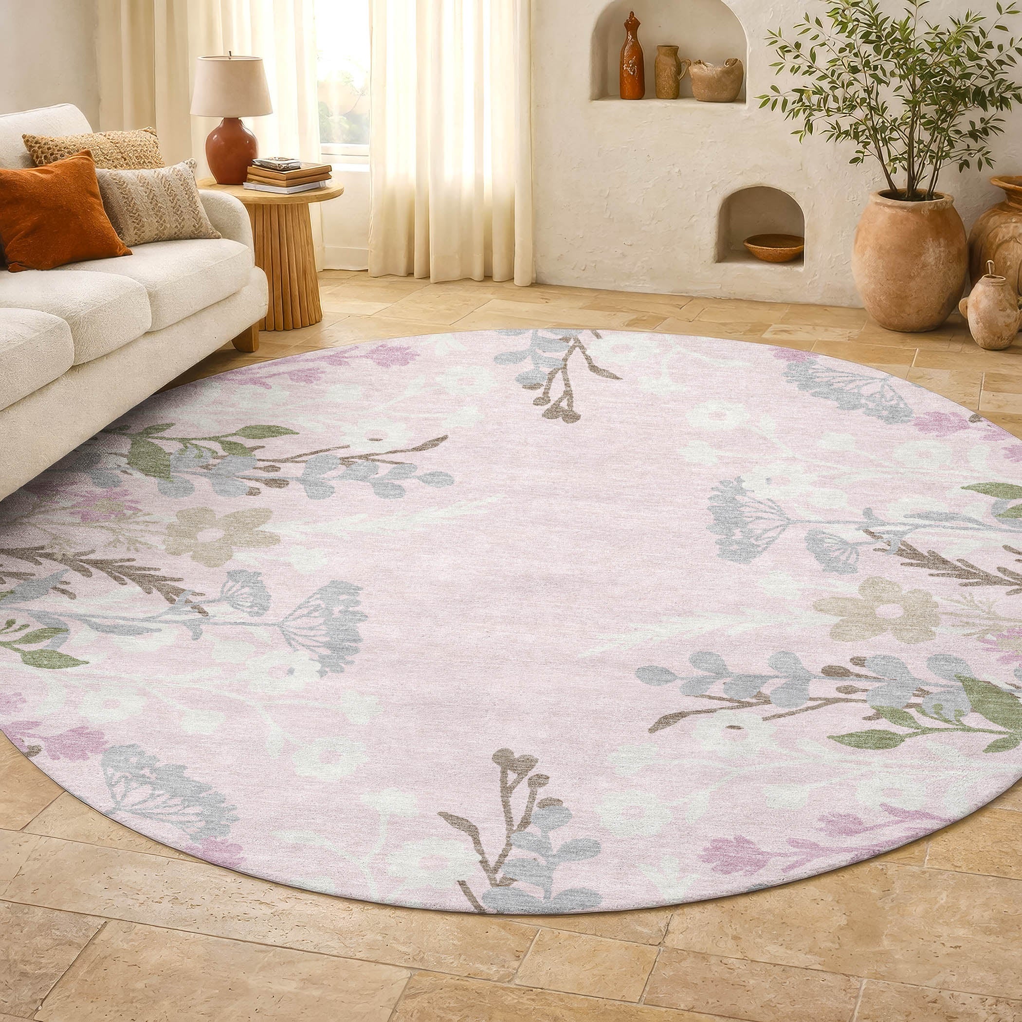 Mostar Machine Washable Transitional Pink Rug 8' x 8' #shape_Round