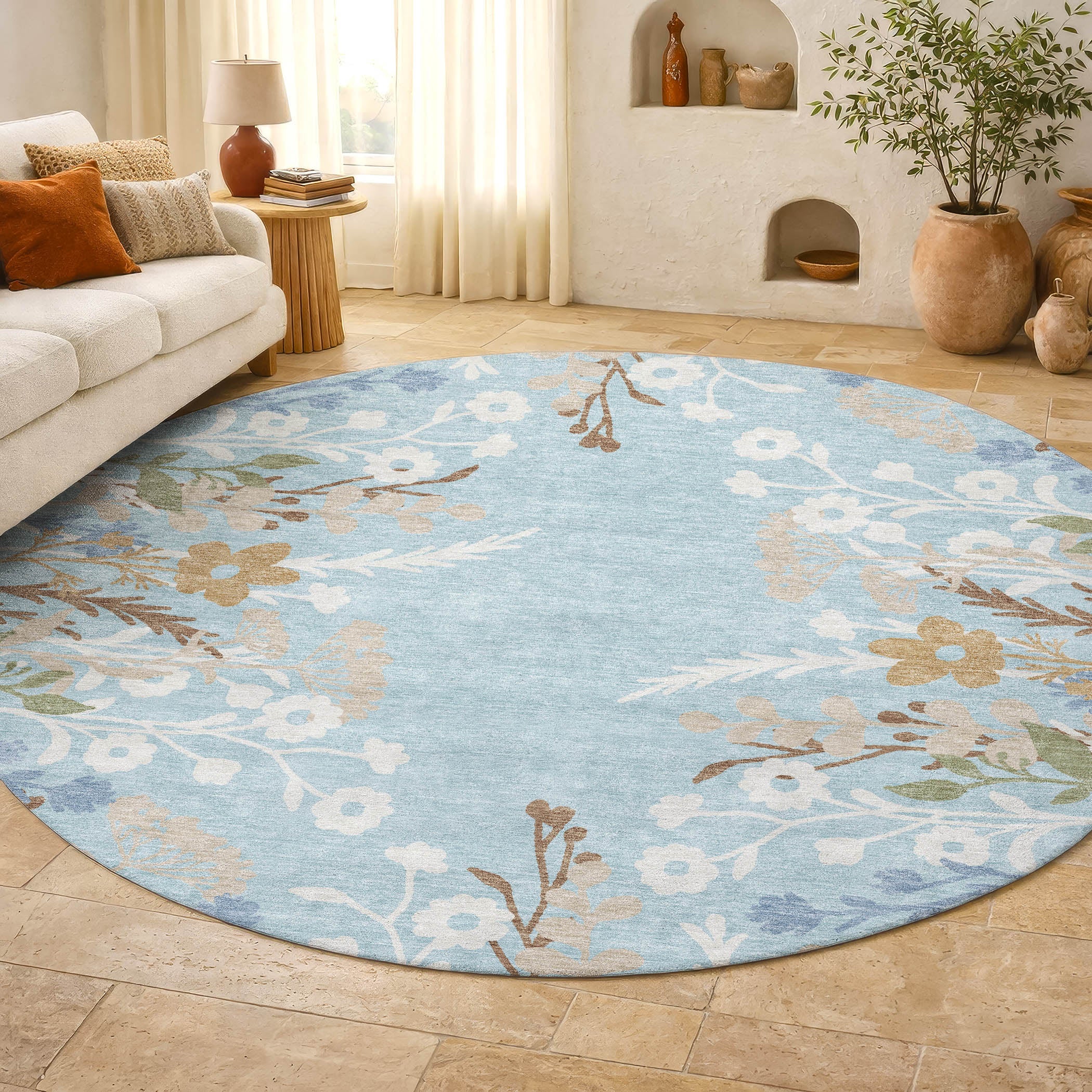 Mostar Machine Washable Transitional Sky Blue Rug 8' x 8' #shape_Round