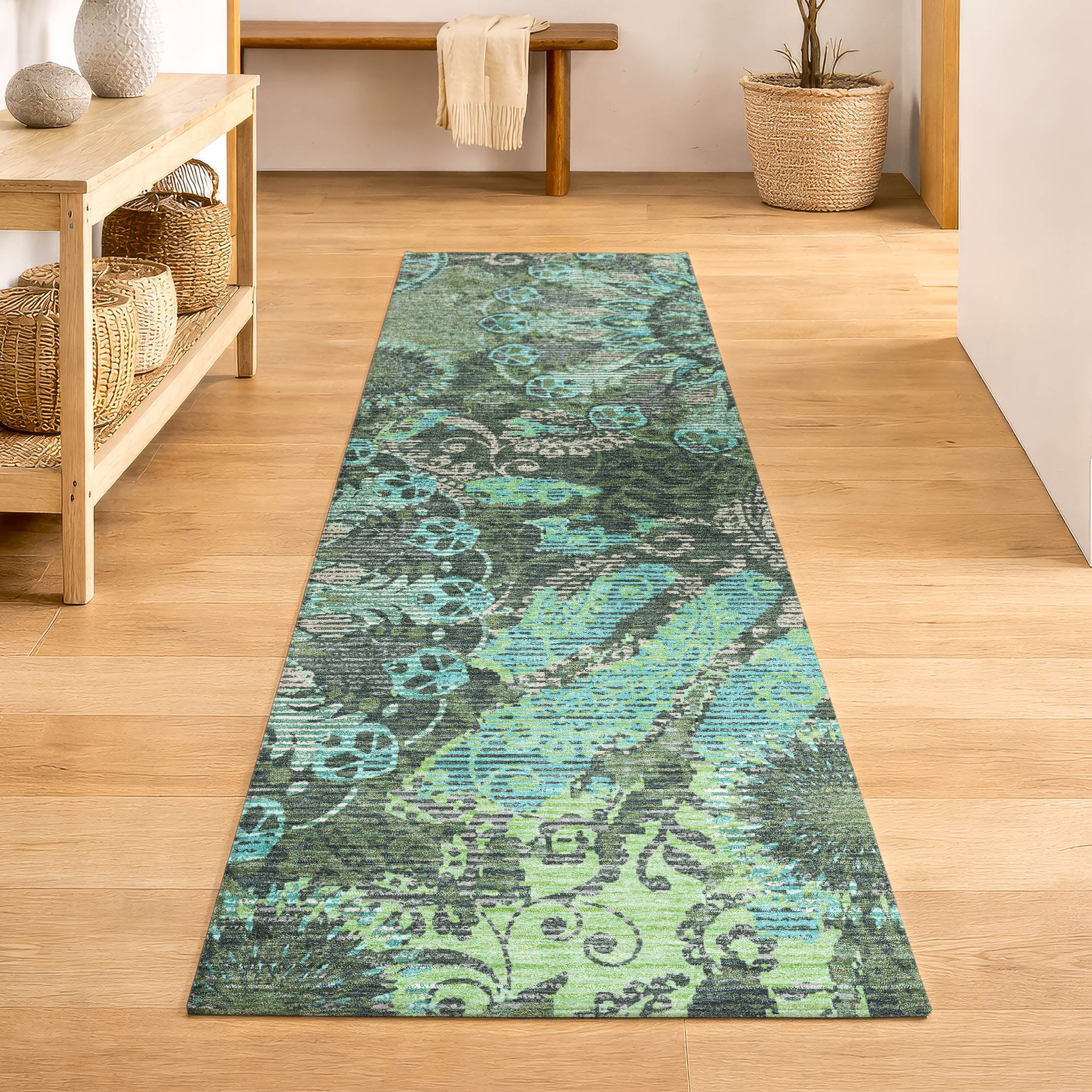 Marrakech Machine Washable Transitional Olive Green Rug 2'3" x 7'6" #shape_Runner