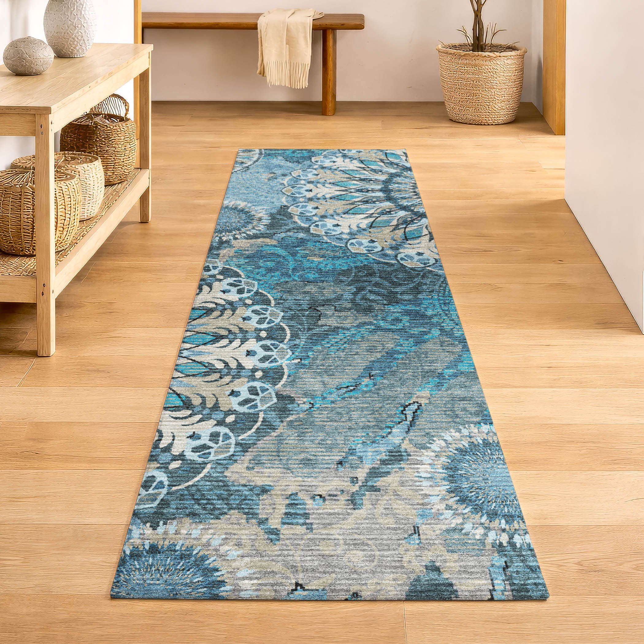 Marrakech Machine Washable Transitional Teal Rug 2'3" x 7'6" #shape_Runner