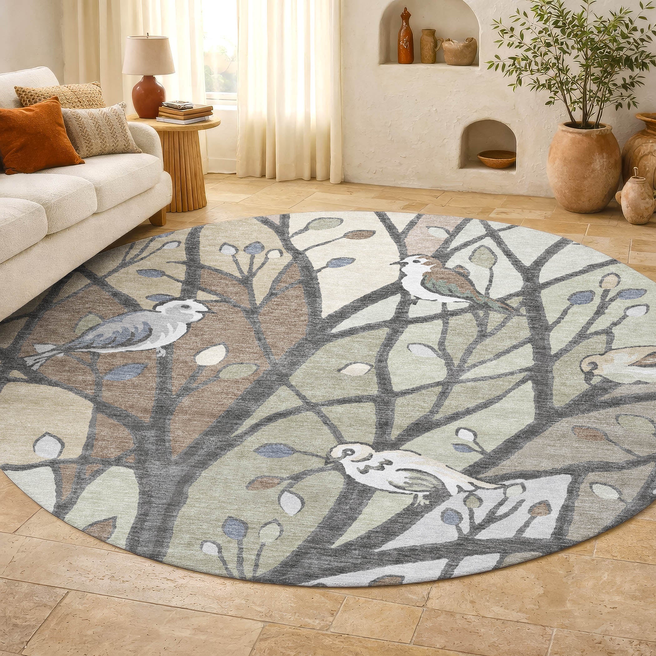 Sintra Machine Washable Transitional Beige Brown Rug 8' x 8' #shape_Round