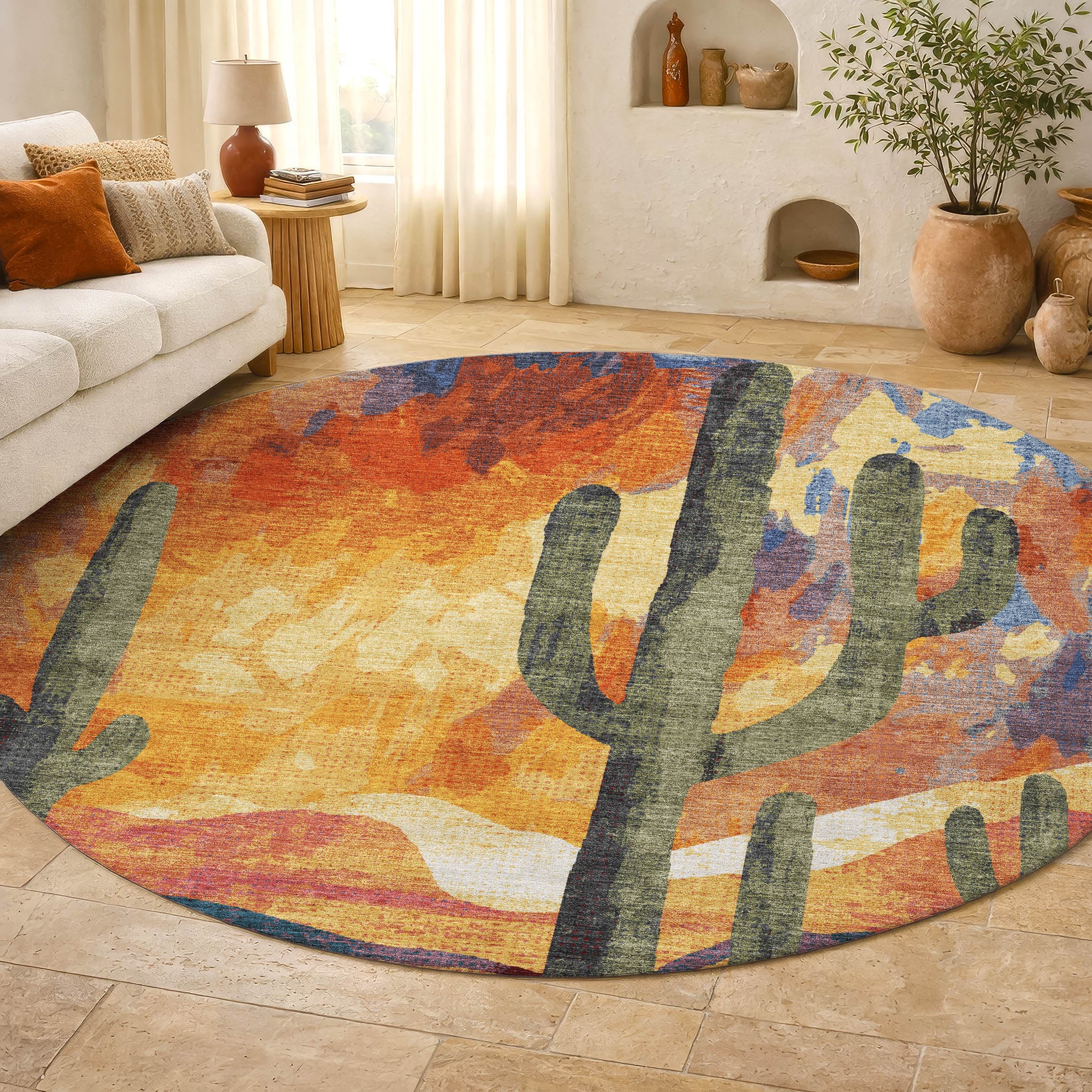 Cartagena Machine Washable Transitional Terracotta Orange Rug 8' x 8' #shape_Round