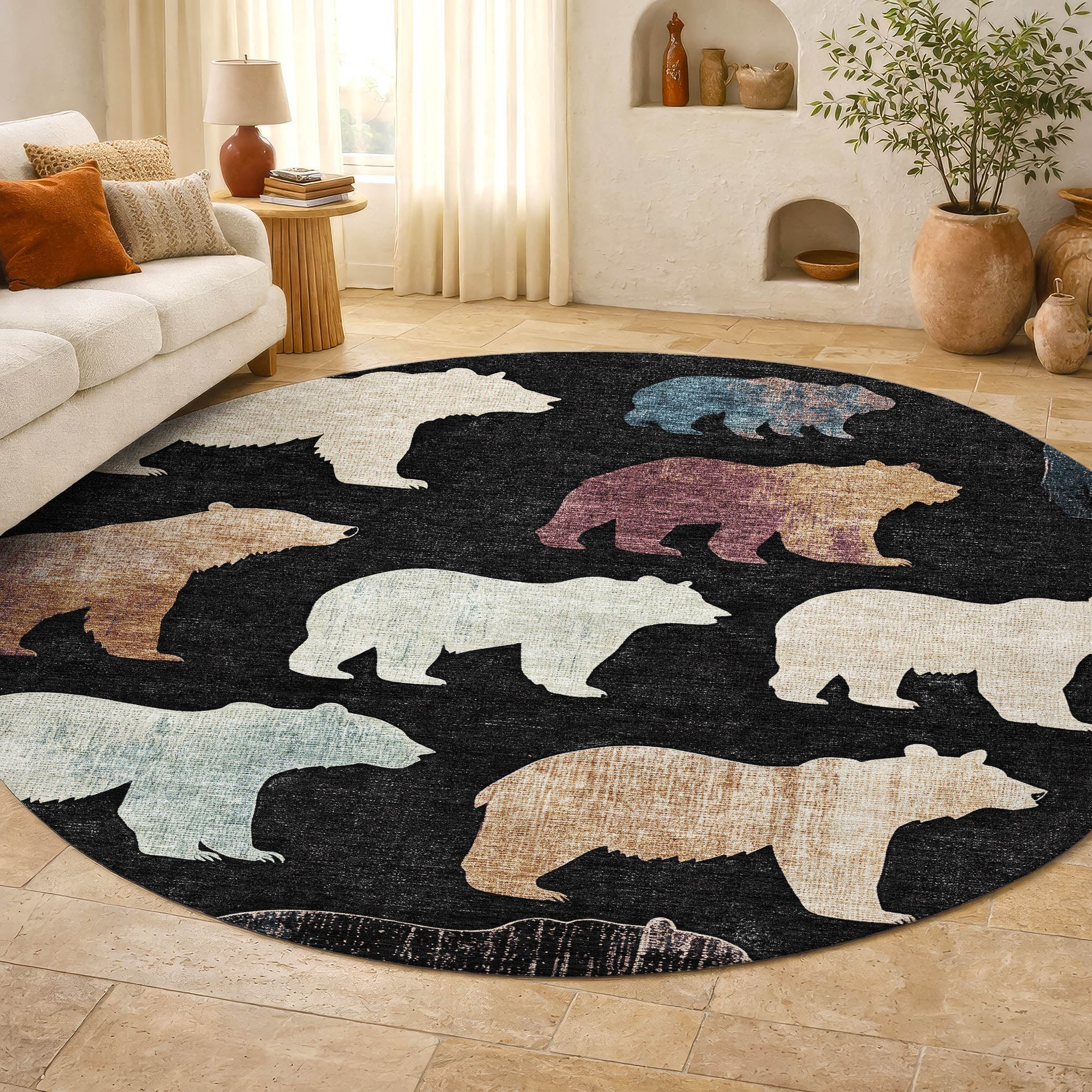 Porto Machine Washable Transitional Black Rug 8' x 8' #shape_Round