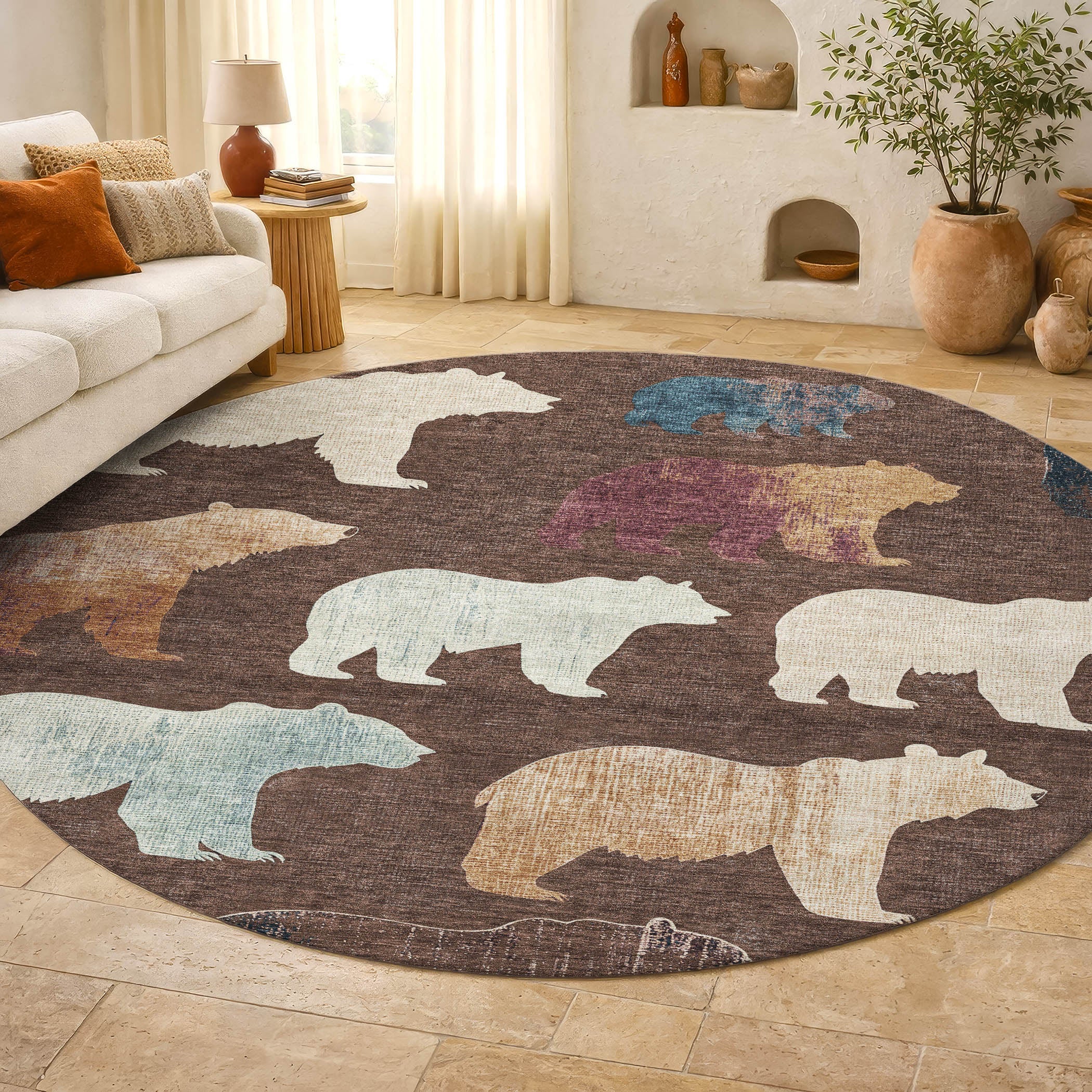 Porto Machine Washable Transitional Chocolate Brown Rug 8' x 8' #shape_Round