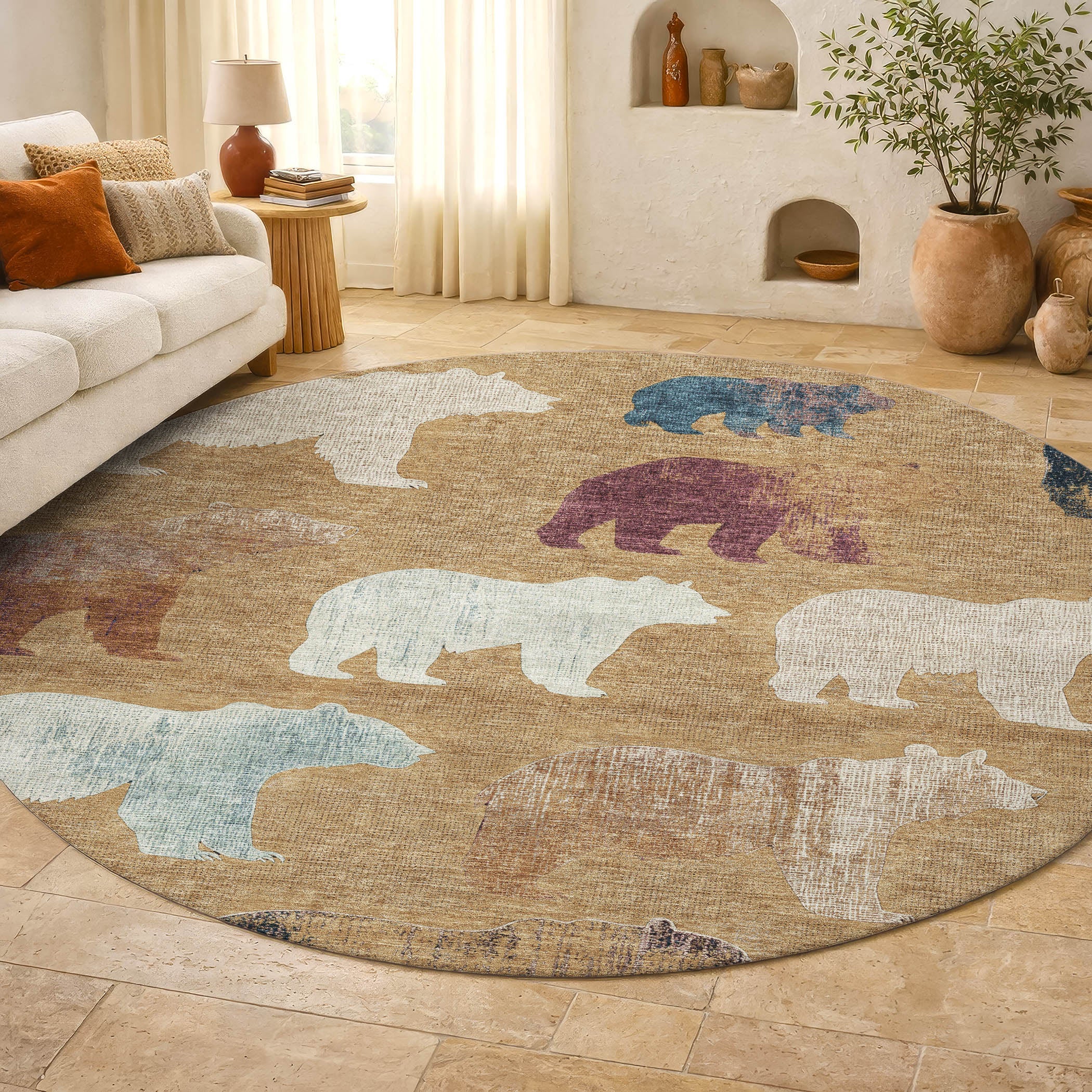 Porto Machine Washable Transitional Gold Rug 8' x 8' #shape_Round